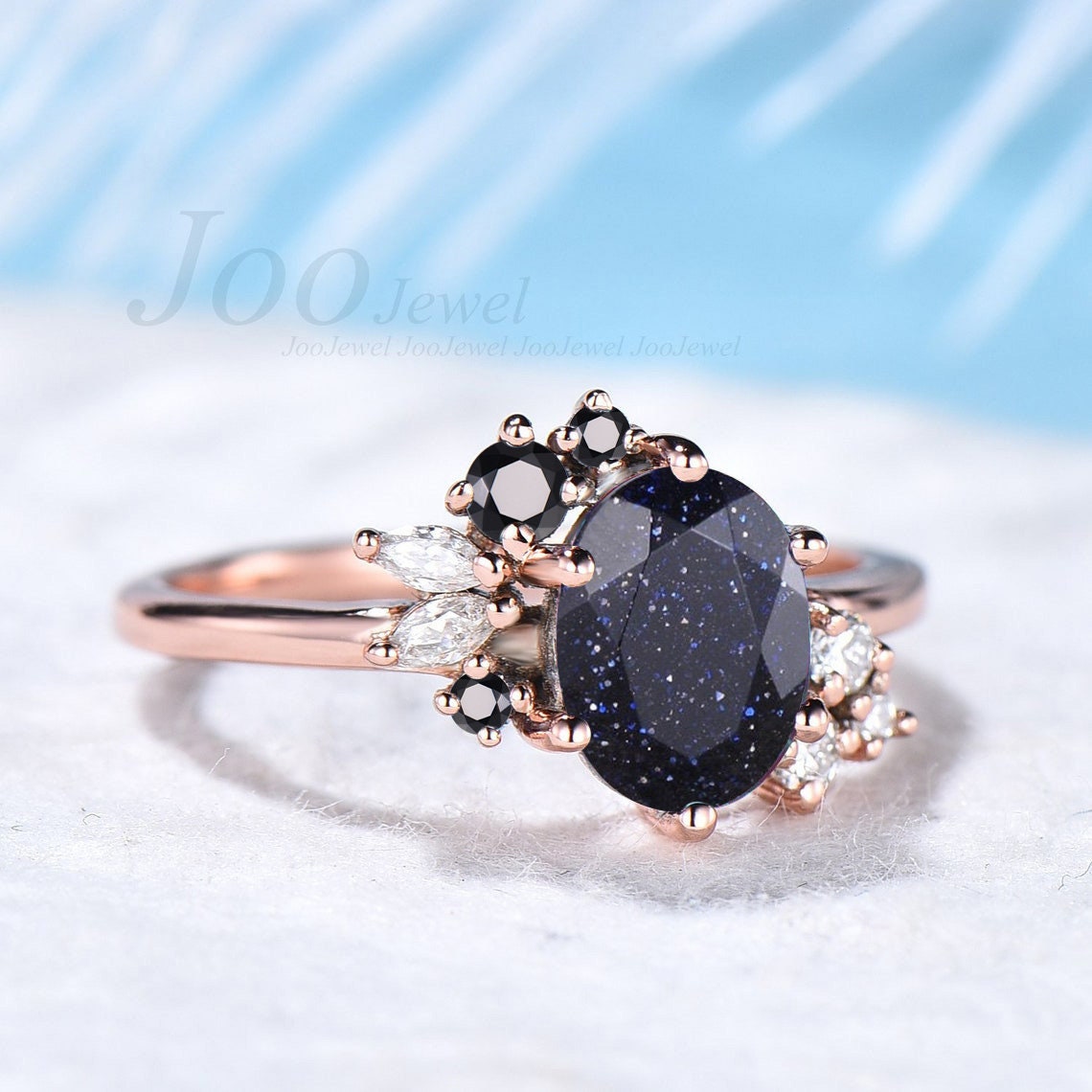 Oval Galaxy Blue Sandstone Ring Black Diamond Cluster Engagement Ring Rose Gold Blue Goldstone Ring Moissanites Wedding Ring Gift for Her