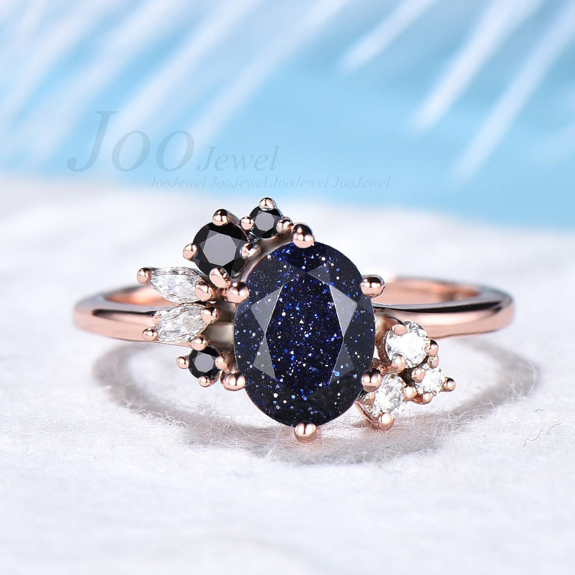 Blue Goldstone Ring/Silver Oval Sandstone Engagement Ring/Promise Ring for Women/Blue Gemstone Jewelry/Unique Gift for Her