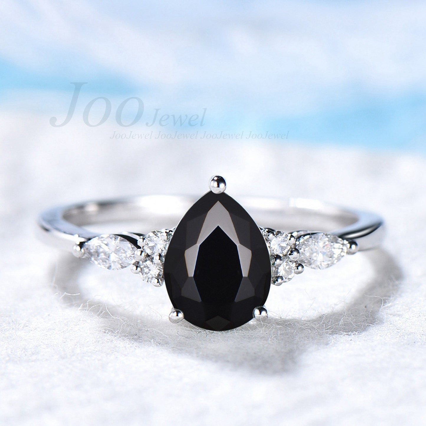 Pear Ring Set Natural Black Onyx Ring Women Black Gemstone Heal Ring Sterling Silver Black Stone Engagement Ring Set Curve Wedding Band