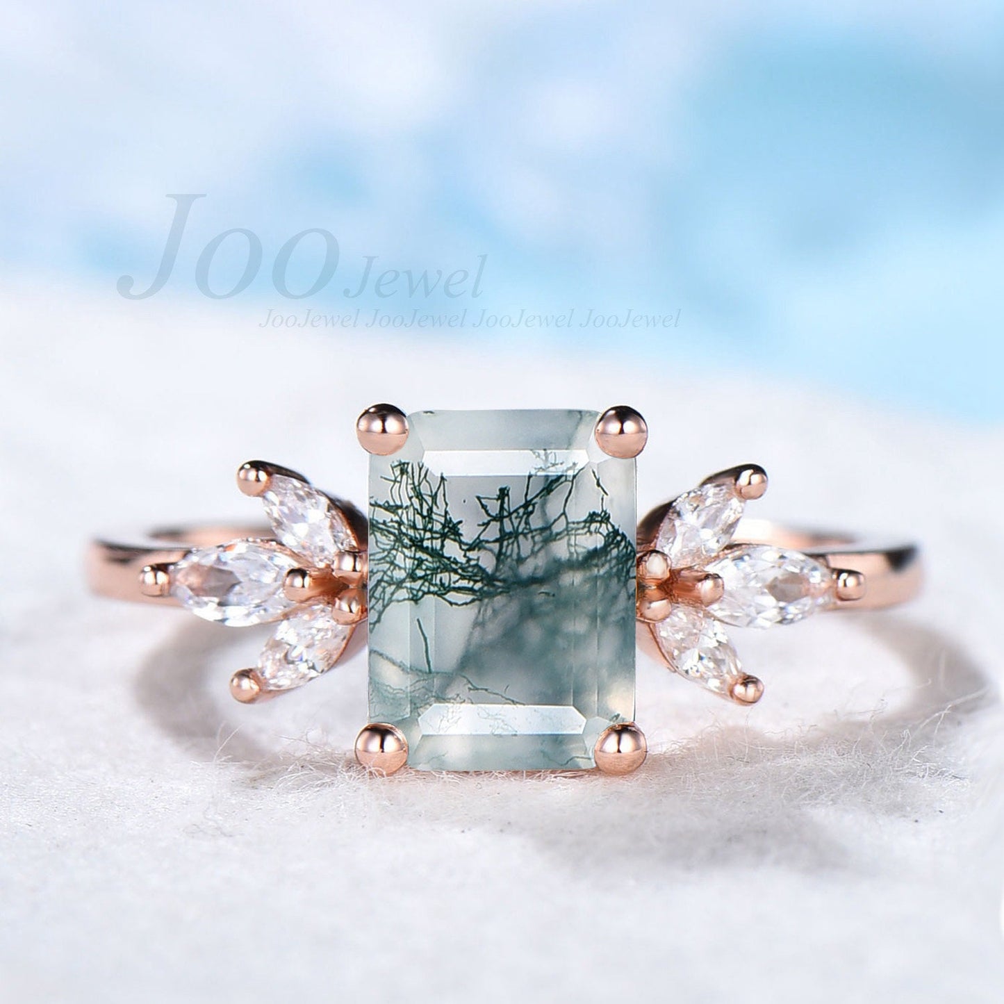 Emerald Engagement Ring Natural Moss Agate Ring Sterling Silver Cluster Promise Ring Green Gemstone Ring Statement Ring Women Birthday Gift