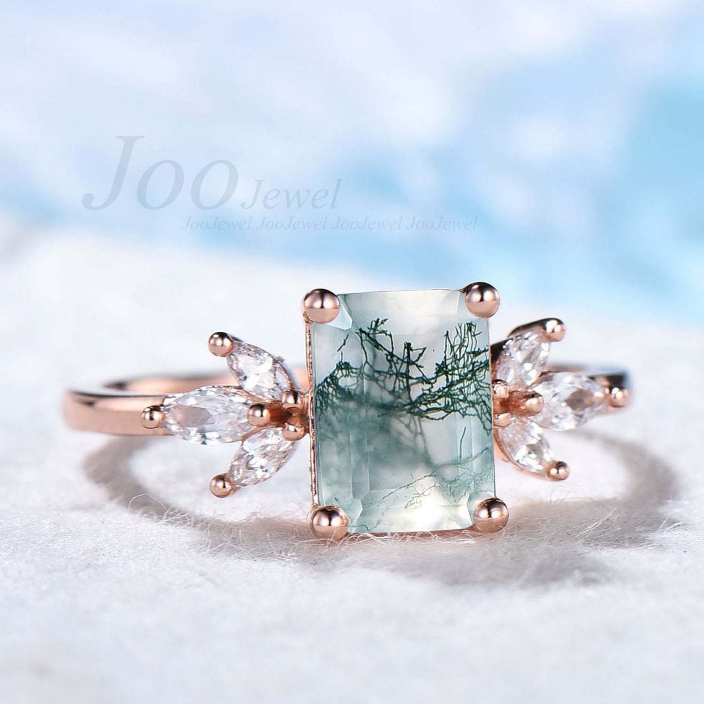 Emerald Engagement Ring Natural Moss Agate Ring Sterling Silver Cluster Promise Ring Green Gemstone Ring Statement Ring Women Birthday Gift