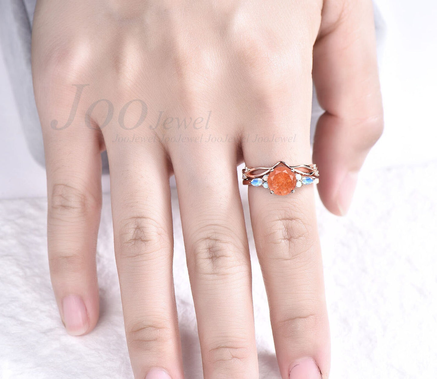 Natural Moonstone Sunstone Engagement Ring Vintage Three-Stone Wedding Ring Round Sunstone Ring Set Real Moonstone Opal Bridal Ring Women