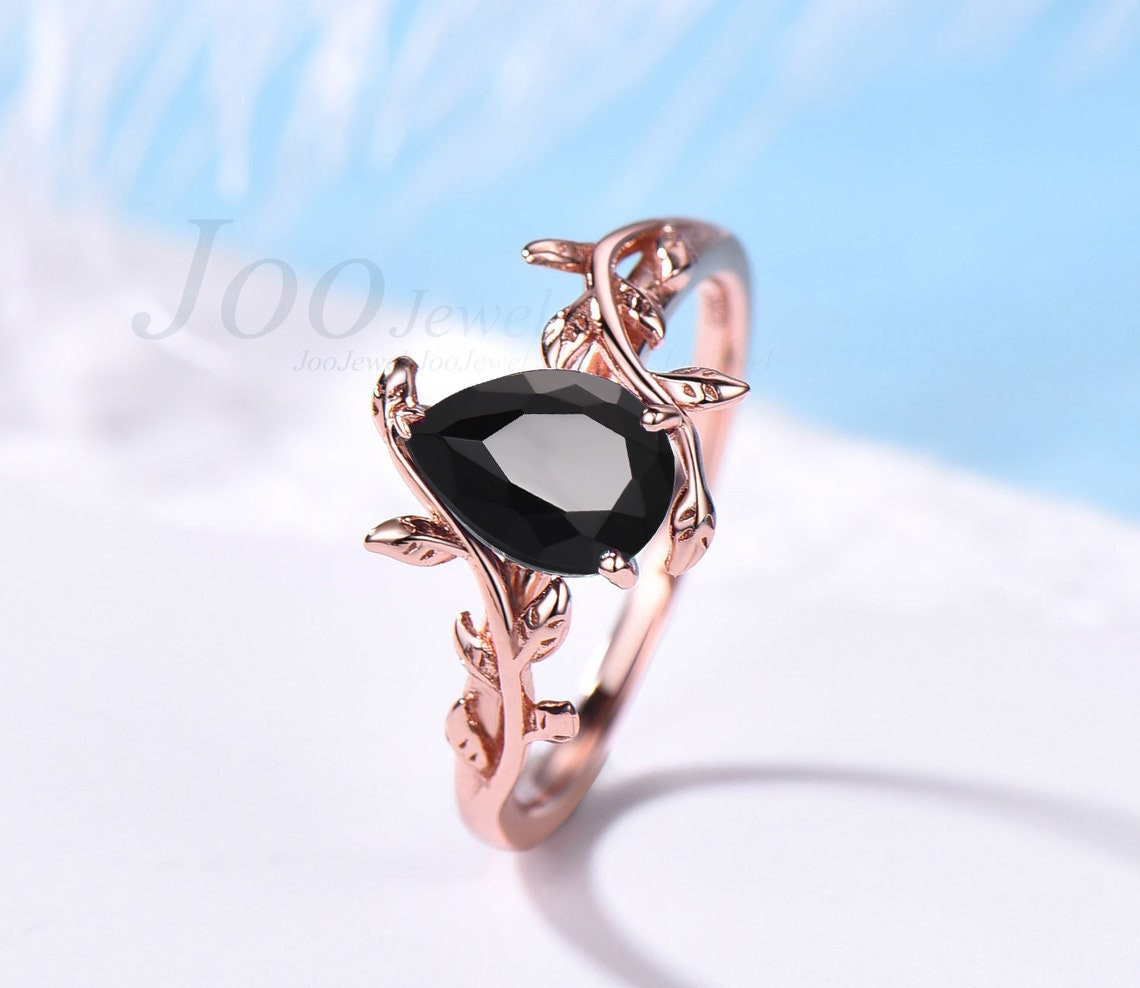 925 Sterling Silver Natural Pear Cut Black Onyx Engagement Ring Vintage Leaf Ring with Black Stone Birthday Gift Black Onyx Wedding Ring