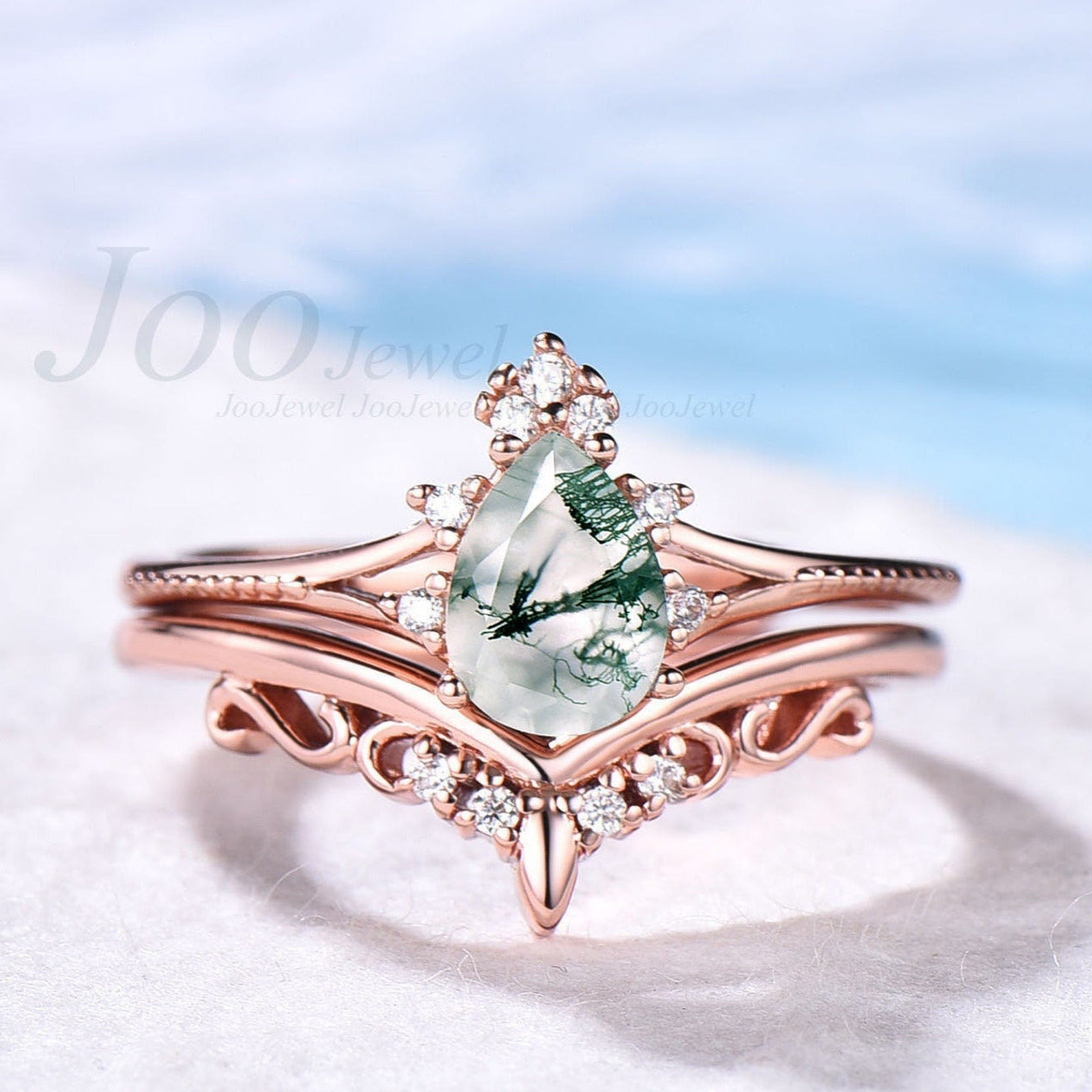Vintage unique pear shaped moss agate engagement ring set split shank cluster milgrain moissanite ring 18k rose gold bridal wedding ring set