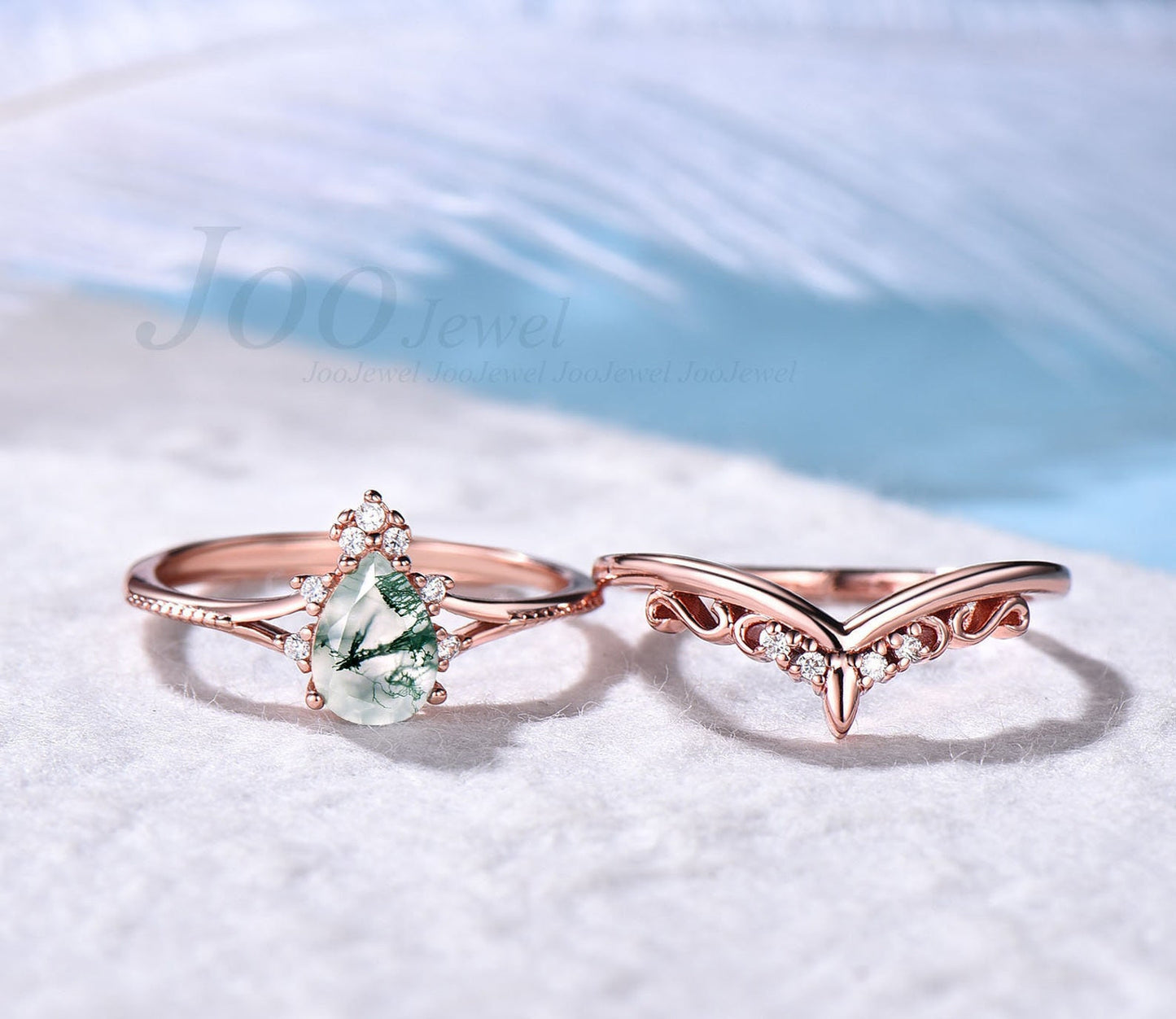 Vintage unique pear shaped moss agate engagement ring set split shank cluster milgrain moissanite ring 18k rose gold bridal wedding ring set