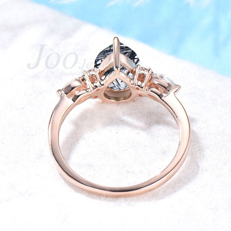 Pear Shaped Natural Black Rutilated Quartz Engagement Ring Vintage Sterling Silver Black Rutile Ring Unique Promise/Birthday Gift for Women
