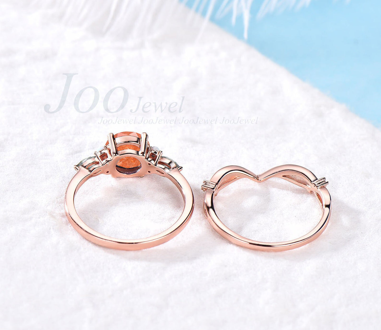 Natural Moonstone Sunstone Engagement Ring Vintage Three-Stone Wedding Ring Round Sunstone Ring Set Real Moonstone Opal Bridal Ring Women