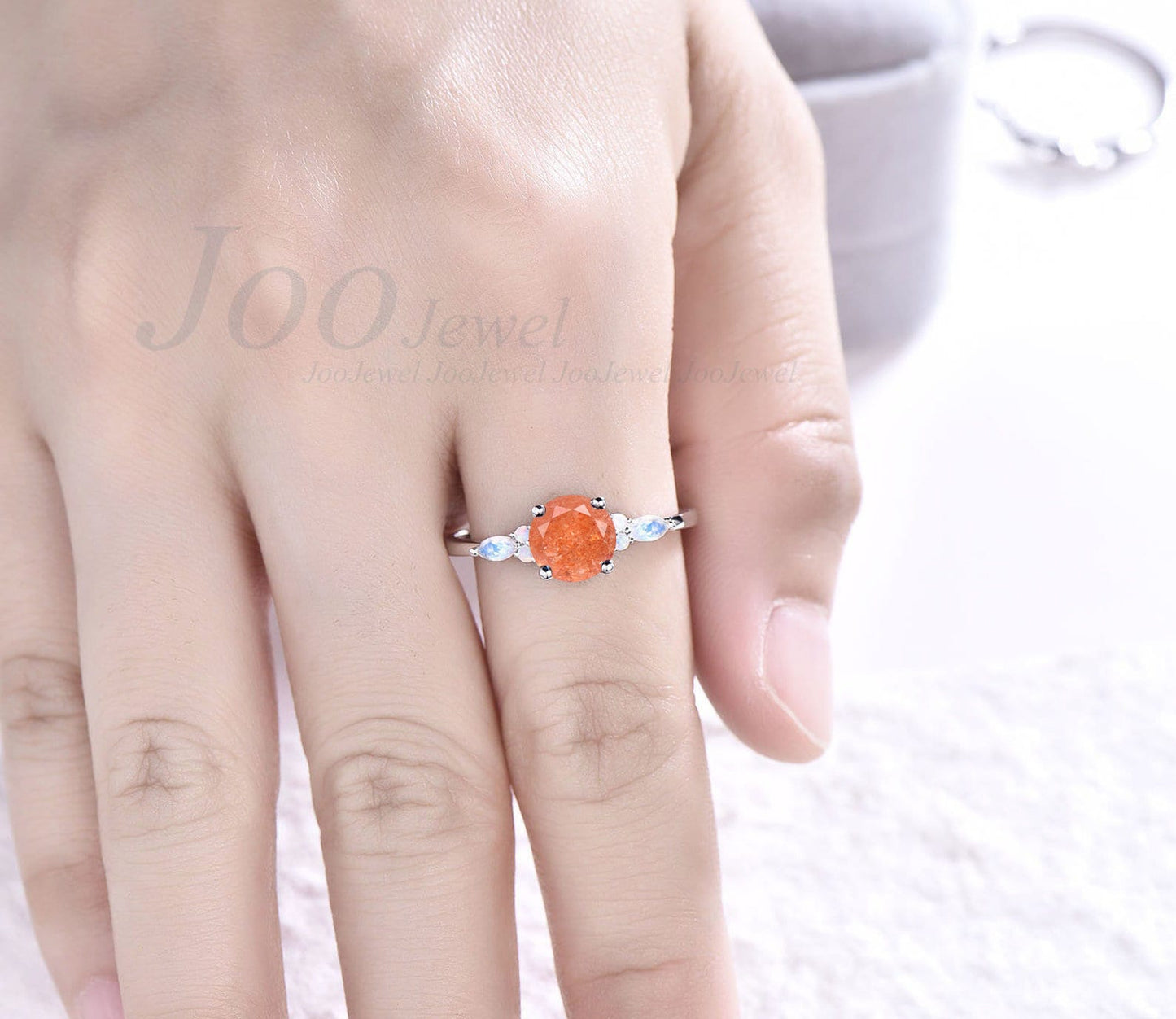 Natural Moonstone Sunstone Engagement Ring Vintage Three-Stone Wedding Ring Round Sunstone Ring Set Real Moonstone Opal Bridal Ring Women