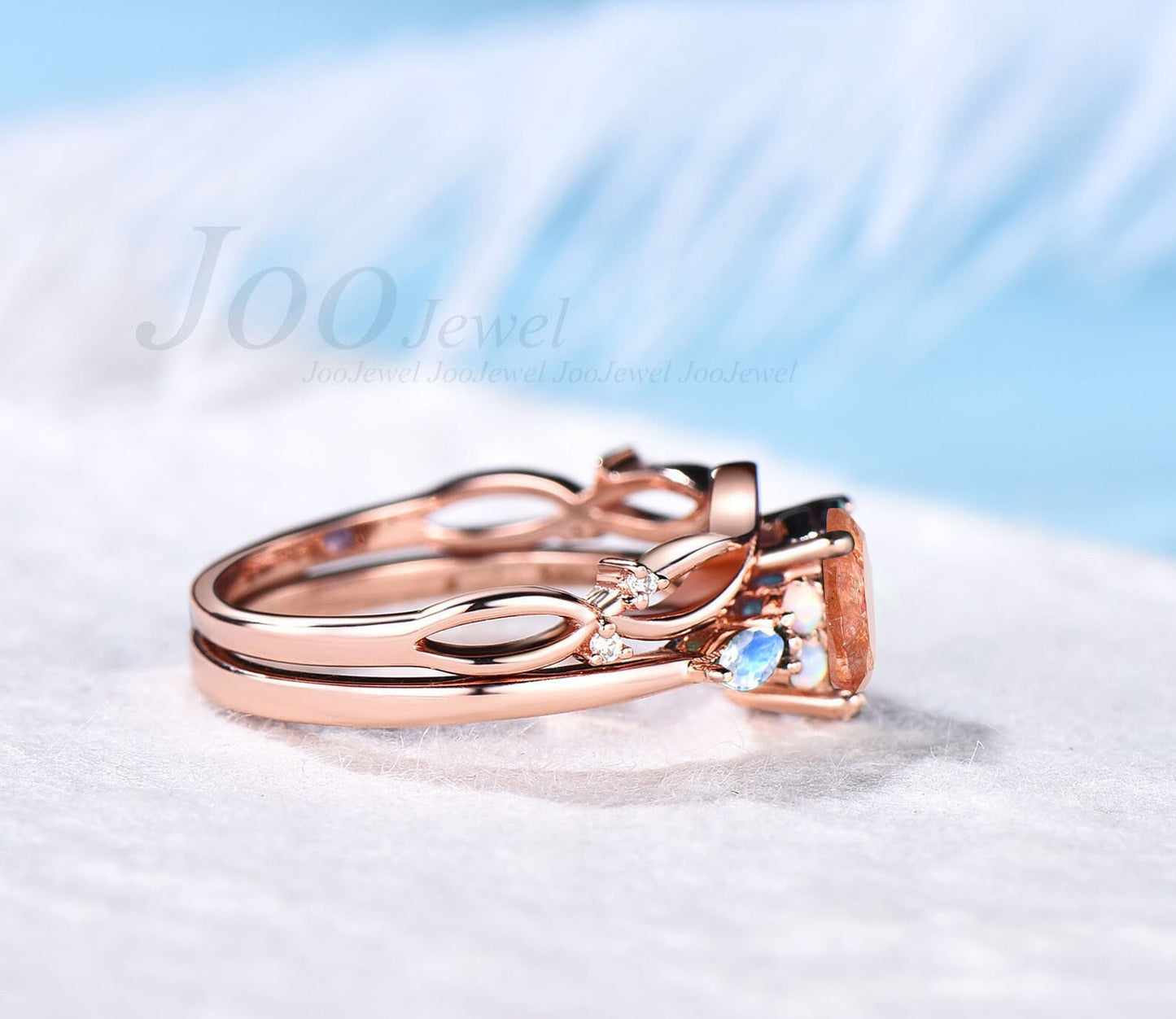 Natural Moonstone Sunstone Engagement Ring Vintage Three-Stone Wedding Ring Round Sunstone Ring Set Real Moonstone Opal Bridal Ring Women