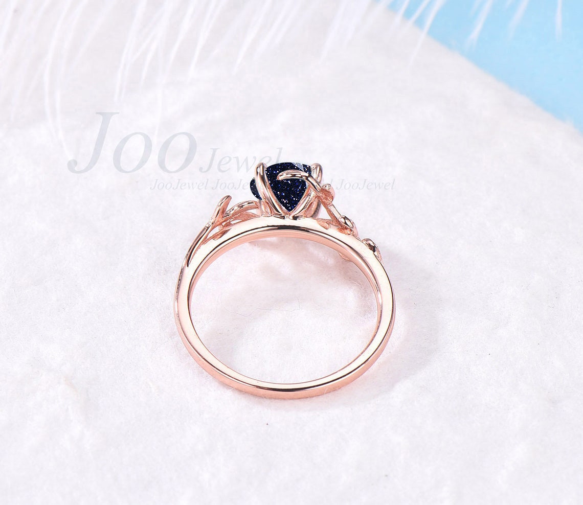 Sterling Silver Round Cut Blue Sandstone Engagement Ring Leaf Solitaire Ring Alternative Gemstone Ring Unique Anniversary Ring Wedding Gift