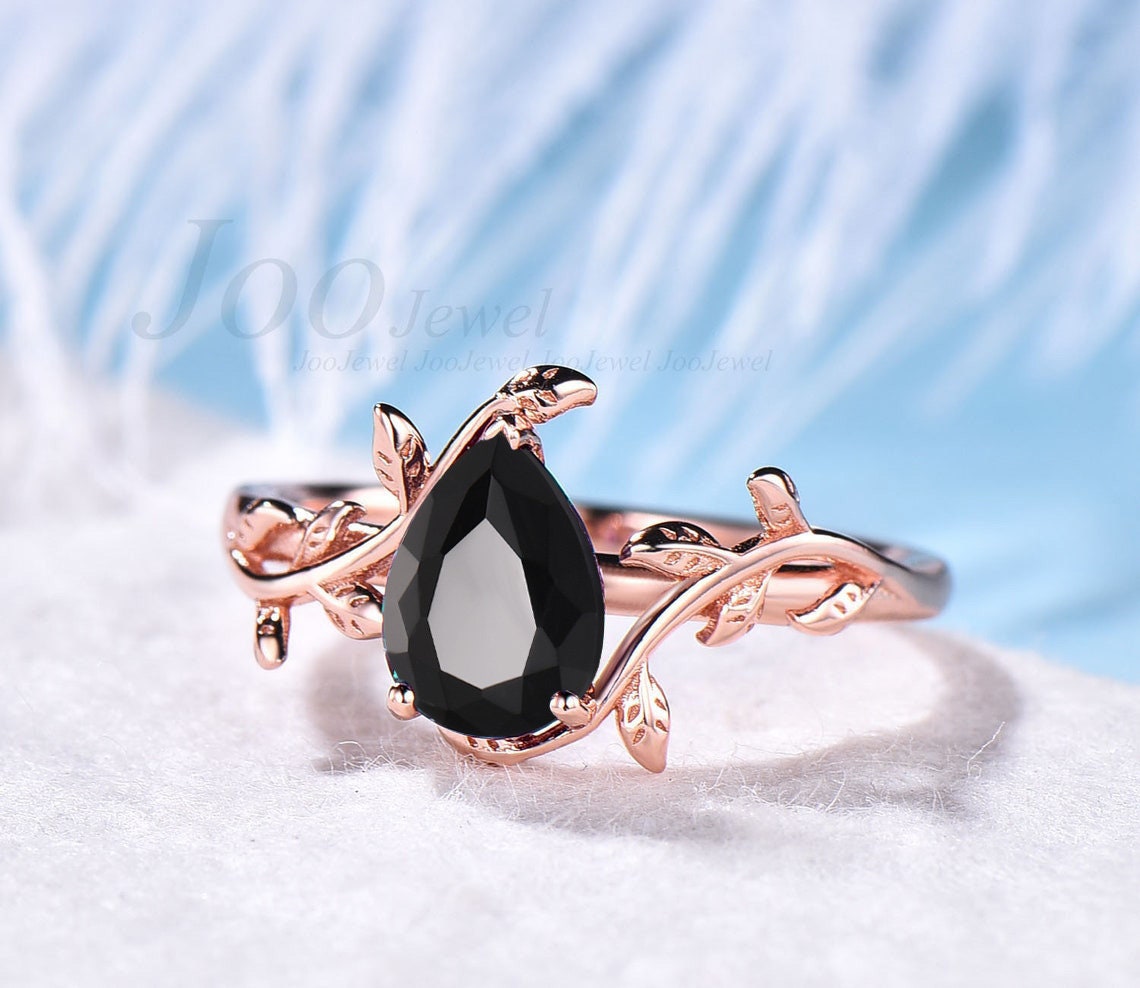 925 Sterling Silver Natural Pear Cut Black Onyx Engagement Ring Vintage Leaf Ring with Black Stone Birthday Gift Black Onyx Wedding Ring
