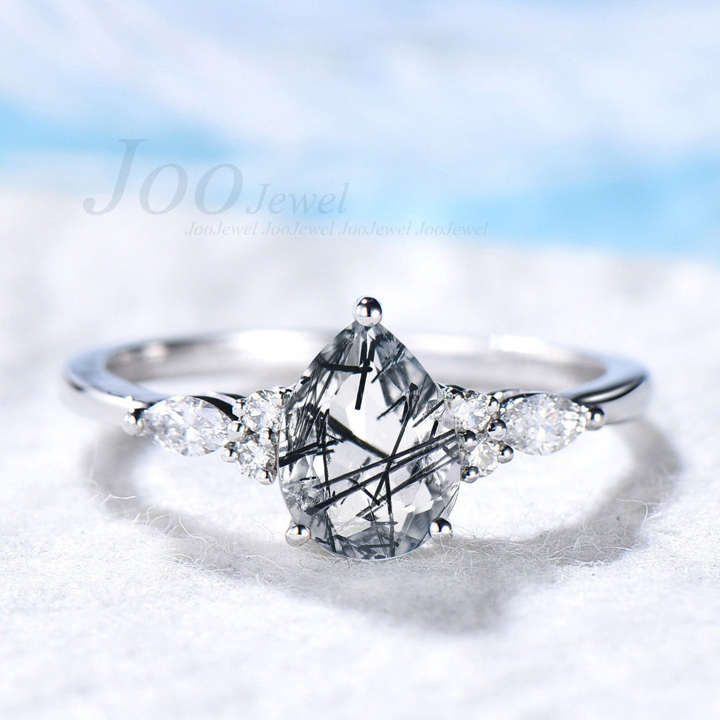 Natural Black Rutilated Quartz Ring Set Black Gemstone Ring Pear Shaped Quartz Engagement Ring Black Rutile Ring Lucky Stone Promise Ring