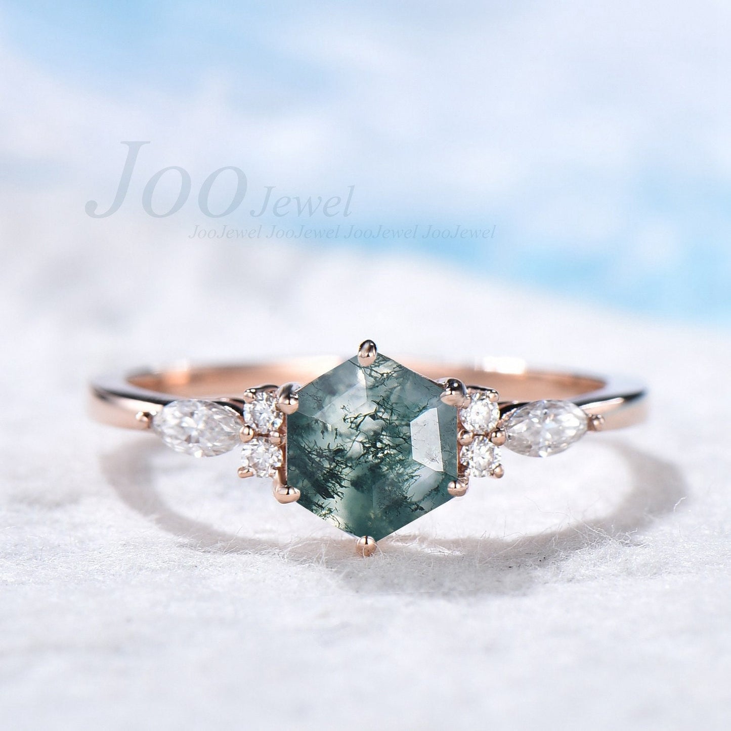 Hexagon Moss Agate Ring Set For Women Vintage 7 Stone Green Promise Ring Art Deco Ring  Rose Gold Silver Moissanites Curve Wedding Band Set