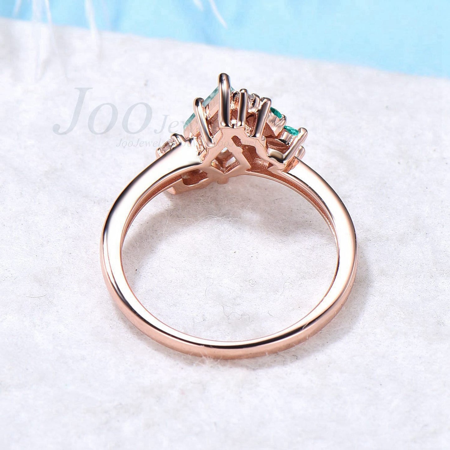 Kite Cut Natural Green Moss Agate Ring Vintage 14k Rose Gold Moss Agate Engagement Ring Unique Kite Cluster Emerald Wedding Ring For Women