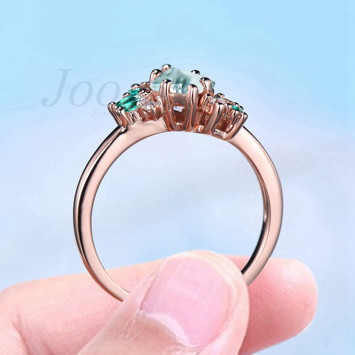 Kite Cut Natural Green Moss Agate Ring Vintage 14k Rose Gold Moss Agate Engagement Ring Unique Kite Cluster Emerald Wedding Ring For Women