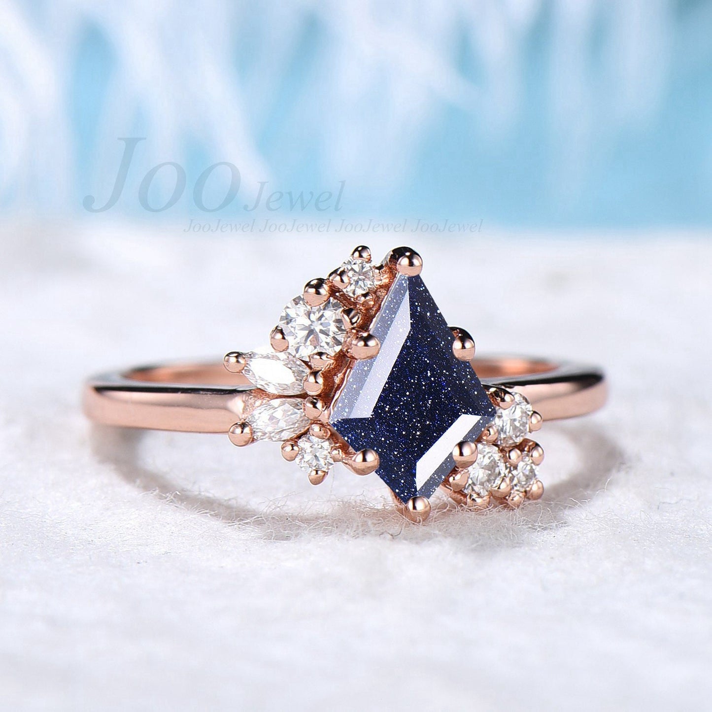 Sterling Silver/14k Rose Gold Kite Blue Sandstone Engagement Ring Blue Gemstone Ring Blue Goldstone Unique Cluster Moissanite Bridal Rings