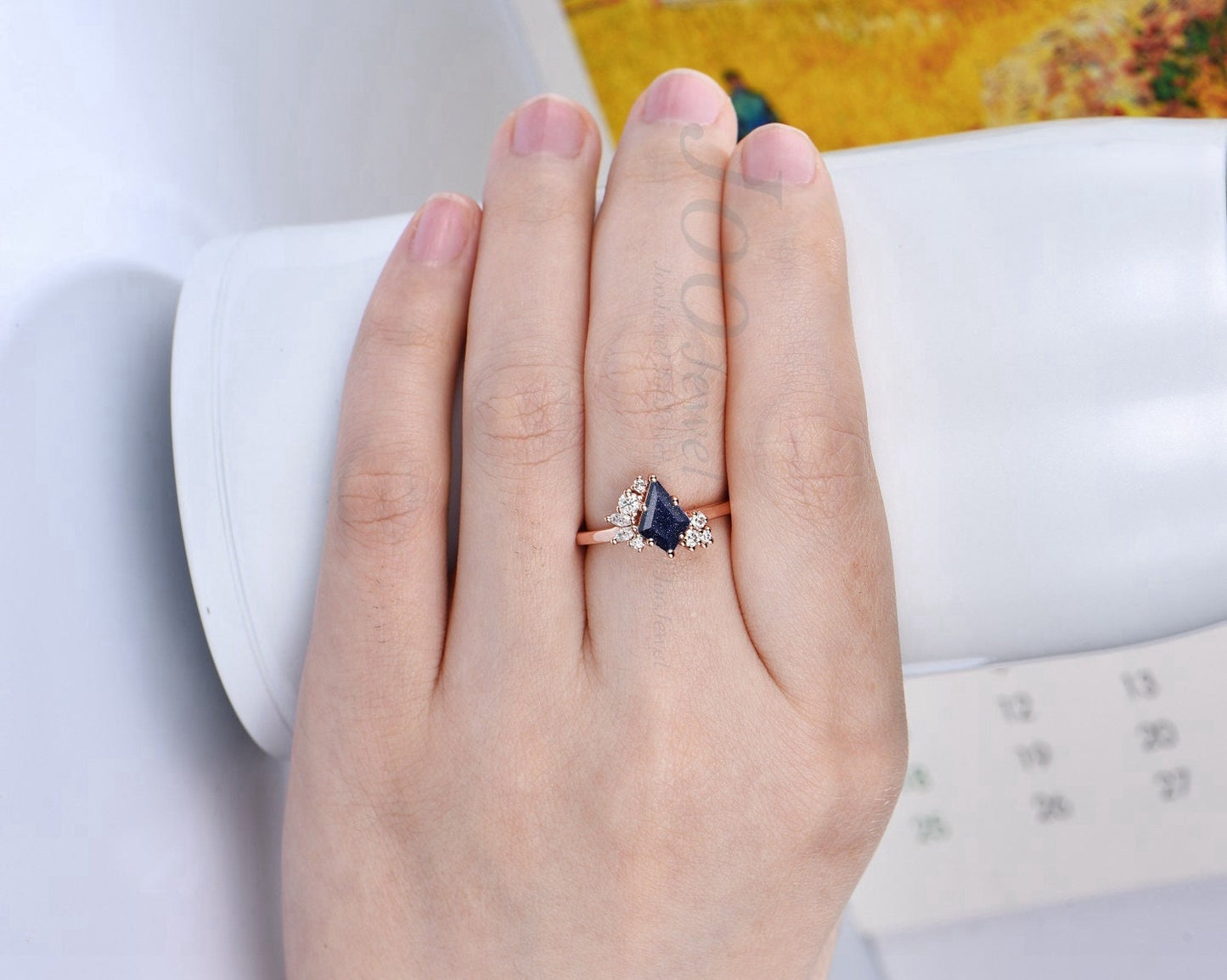Sterling Silver/14k Rose Gold Kite Blue Sandstone Engagement Ring Blue Gemstone Ring Blue Goldstone Unique Cluster Moissanite Bridal Rings