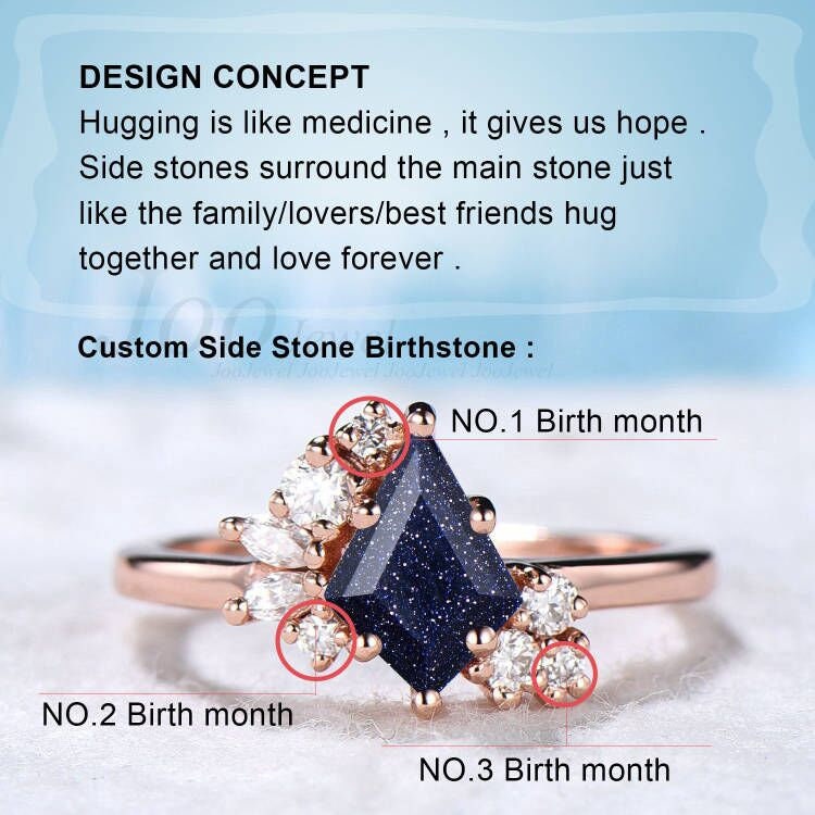 Sterling Silver/14k Rose Gold Kite Blue Sandstone Engagement Ring Blue Gemstone Ring Blue Goldstone Unique Cluster Moissanite Bridal Rings