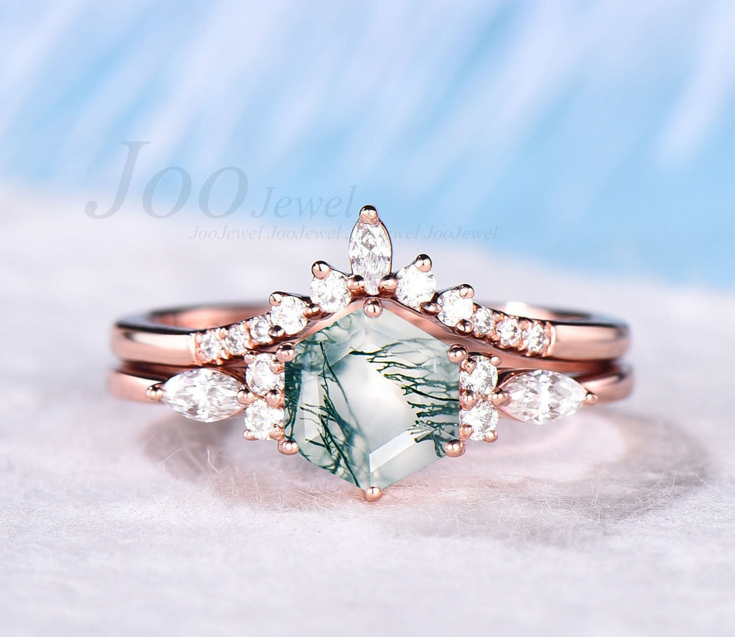 Vintage Green Moss Agate Ring Set Sterling Silver Hexagon Moss Agate Engagement Ring For Women 2 pcs Crystal Bridal Ring Set Wedding Gifts