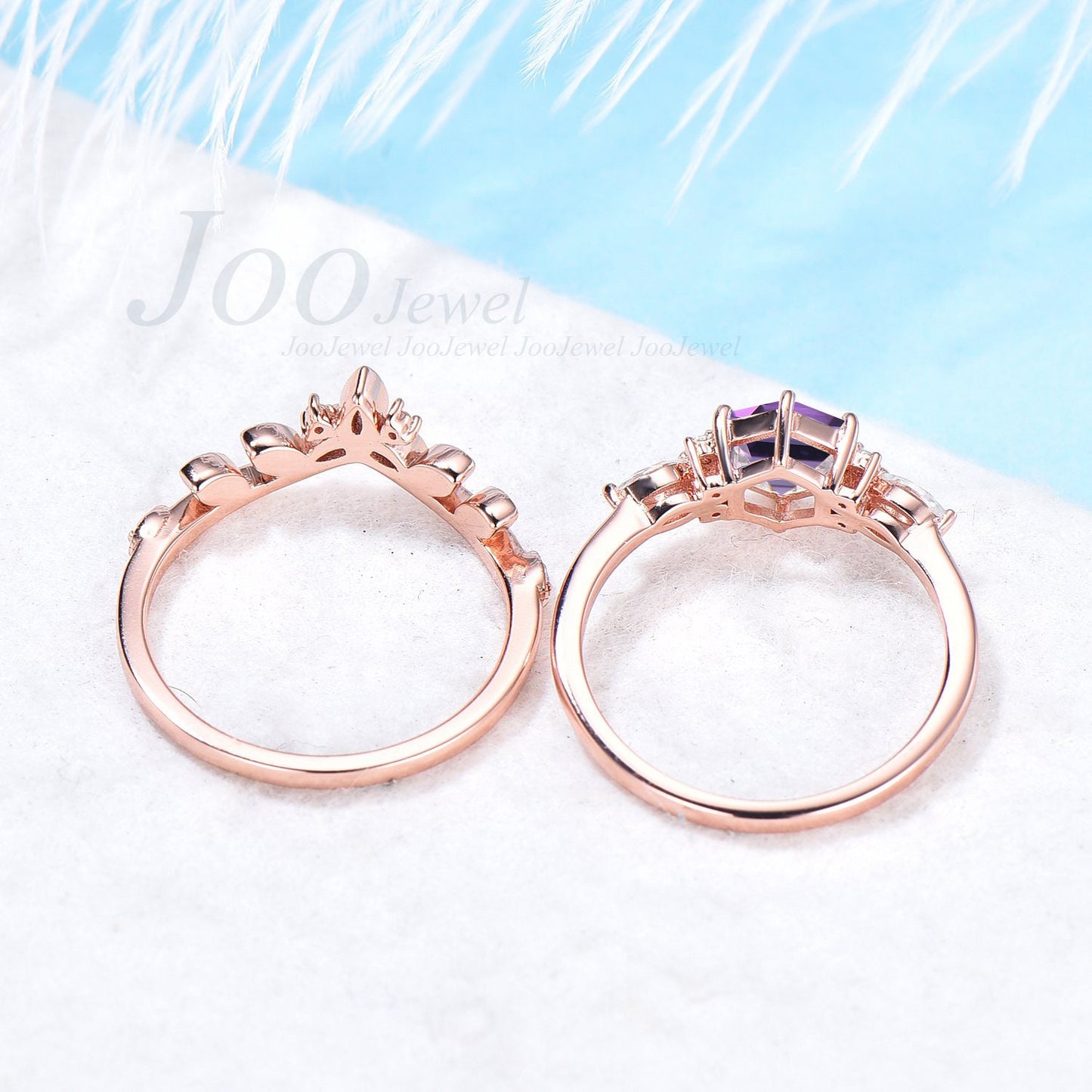 925 Sterling Silver Natural Amethyst Ring Set Hexagon Cut 1CT Purple Crystal Promise Ring Celtic Wedding Band Amethyst Bridal Ring for Women