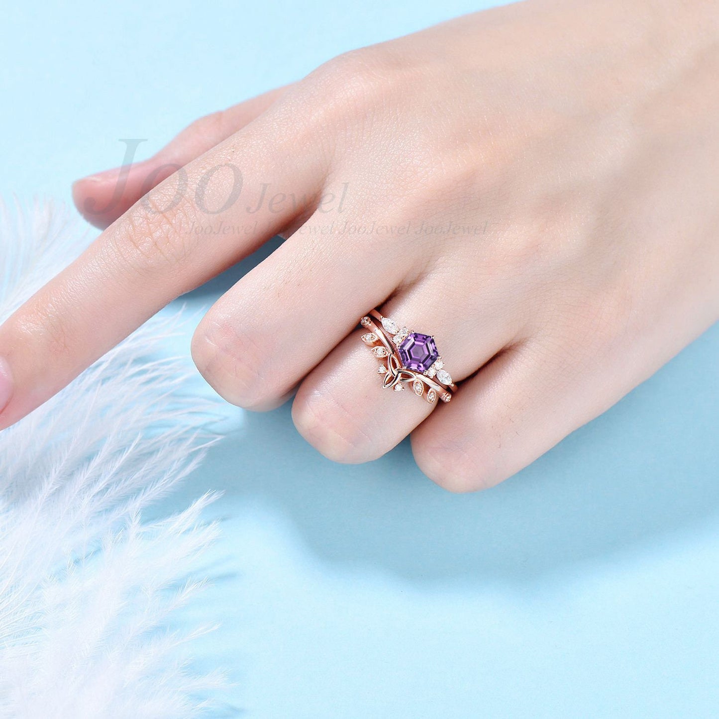 925 Sterling Silver Natural Amethyst Ring Set Hexagon Cut 1CT Purple Crystal Promise Ring Celtic Wedding Band Amethyst Bridal Ring for Women