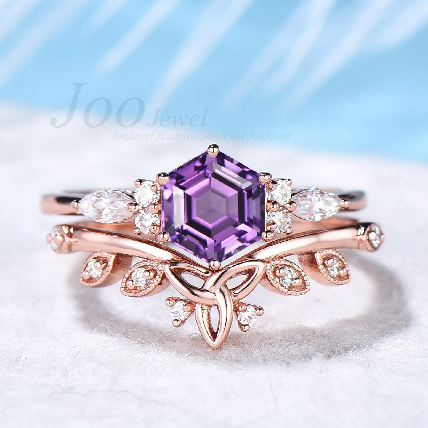 925 Sterling Silver Natural Amethyst Ring Set Hexagon Cut 1CT Purple Crystal Promise Ring Celtic Wedding Band Amethyst Bridal Ring for Women