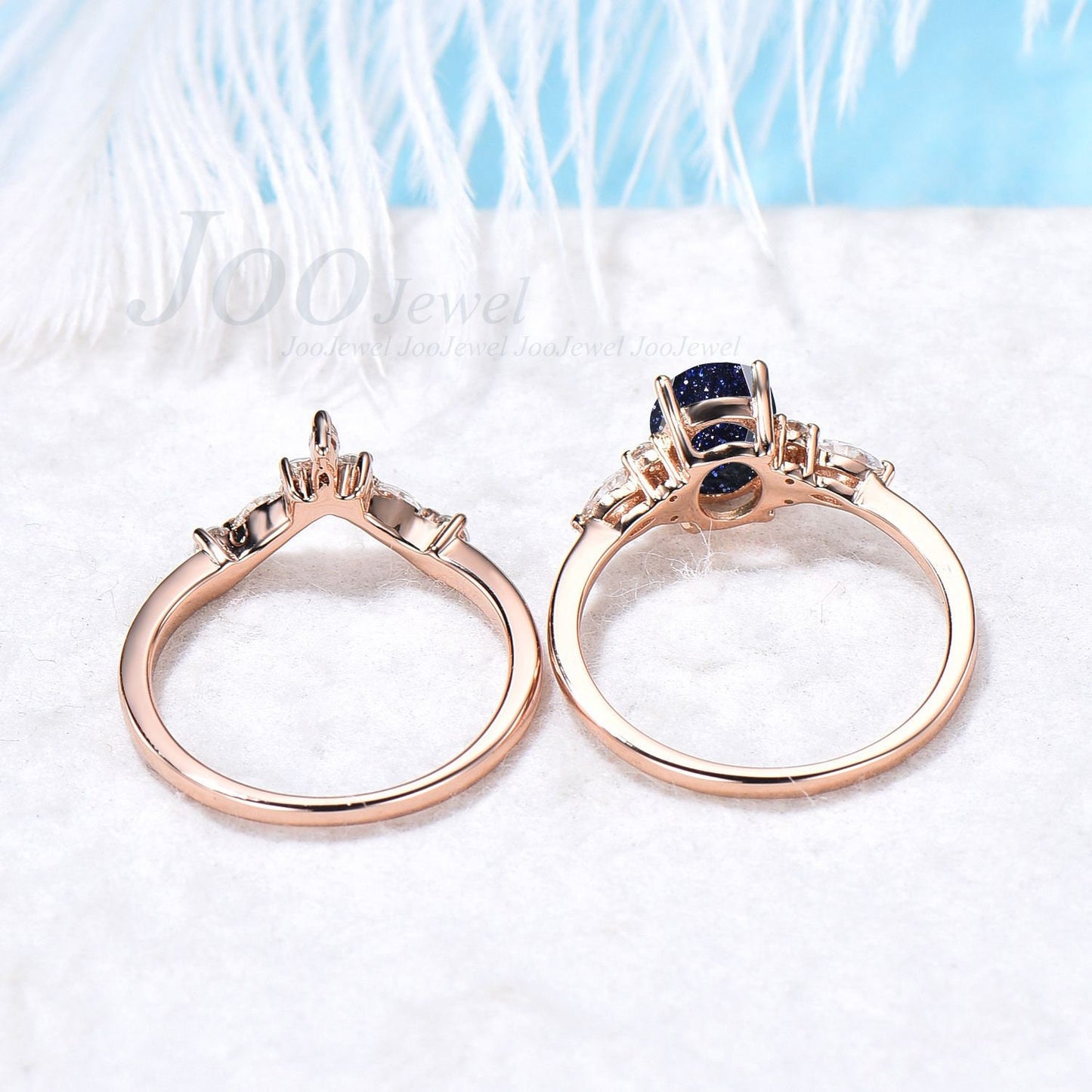 Sterling Silver 1.5ct Oval Blue Goldstone Ring Set Galaxy Ring Oval Gemstone Jewelry Blue Crystal Engagement Ring Personalized Gift for Her