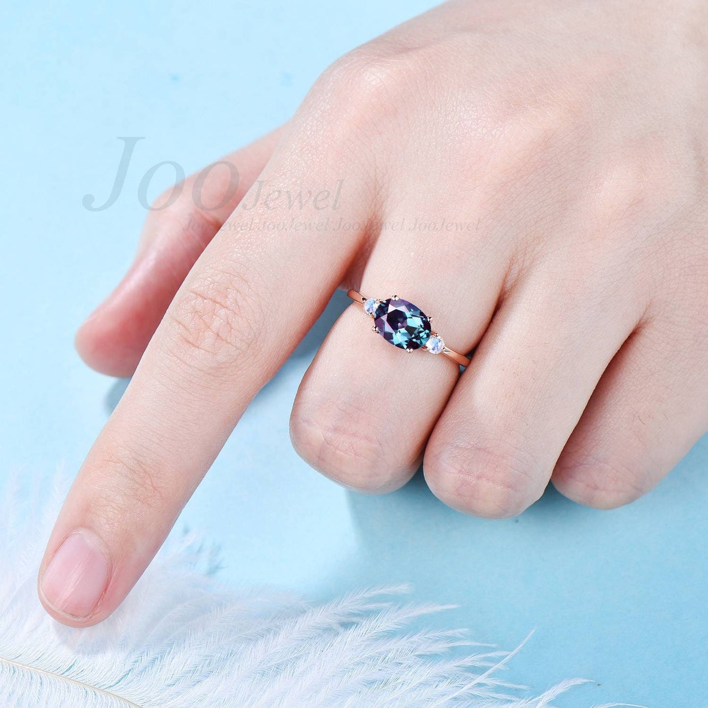 Oval Alexandrite engagement ring three stone vintage unique east to west engagement ring 14k gold silver moonstone wedding ring for women