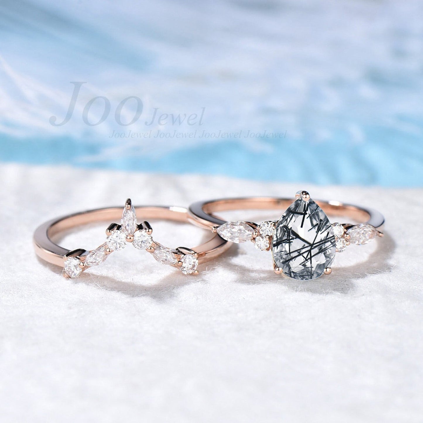 Natural Black Rutilated Quartz Ring Set Black Gemstone Ring Pear Shaped Quartz Engagement Ring Black Rutile Ring Lucky Stone Promise Ring
