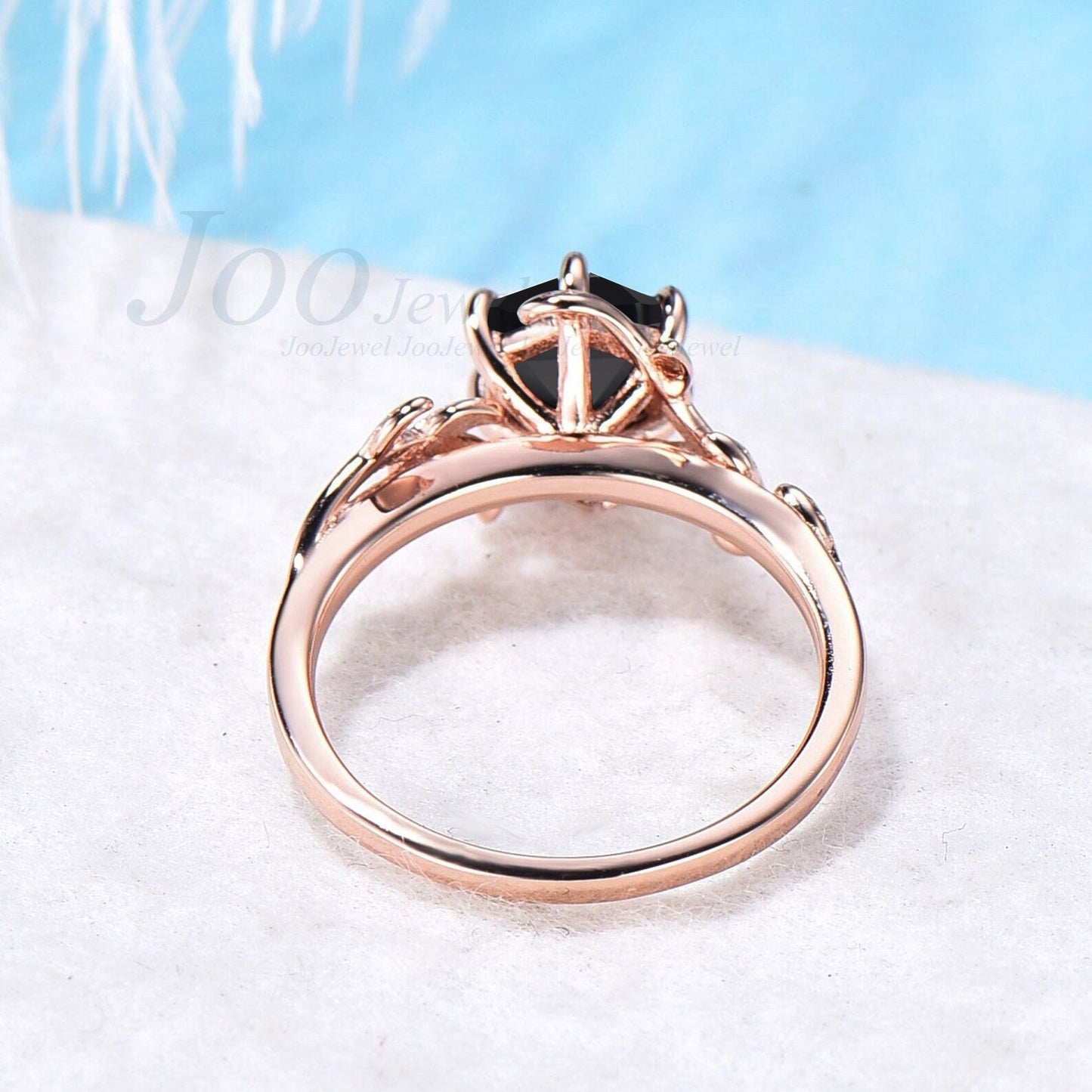 Hexagon Natural Black Onyx Ring Women Heal Crystal Ring Sterling Silver Black Crystal Gemstone Hexagon Engagement Ring Leaf Solitaire Ring