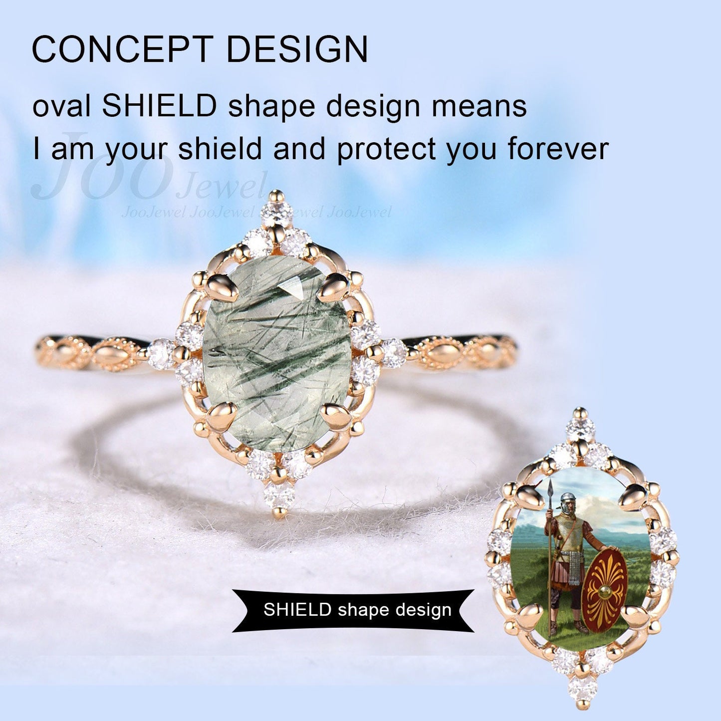 Natural Green Rutile Quartz Ring Unique Oval Solitaire Ring Green Crystal Ring ¡°PROTECT YOU FOREVER¡± Engagements Ring Anniversary Gift Women
