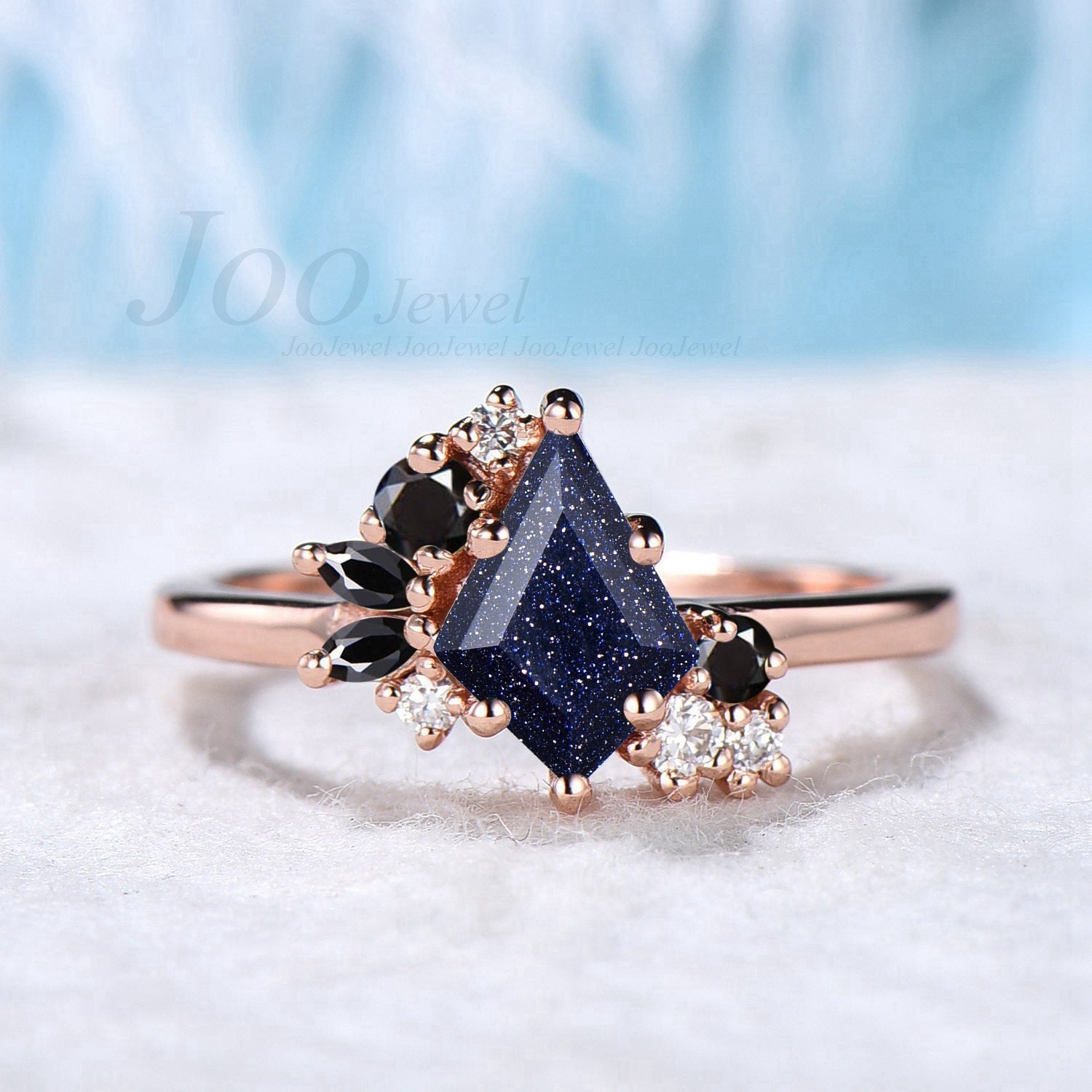 Kite Cut Blue Sandstone Ring with Black Onyx Cluster Engagement Ring
