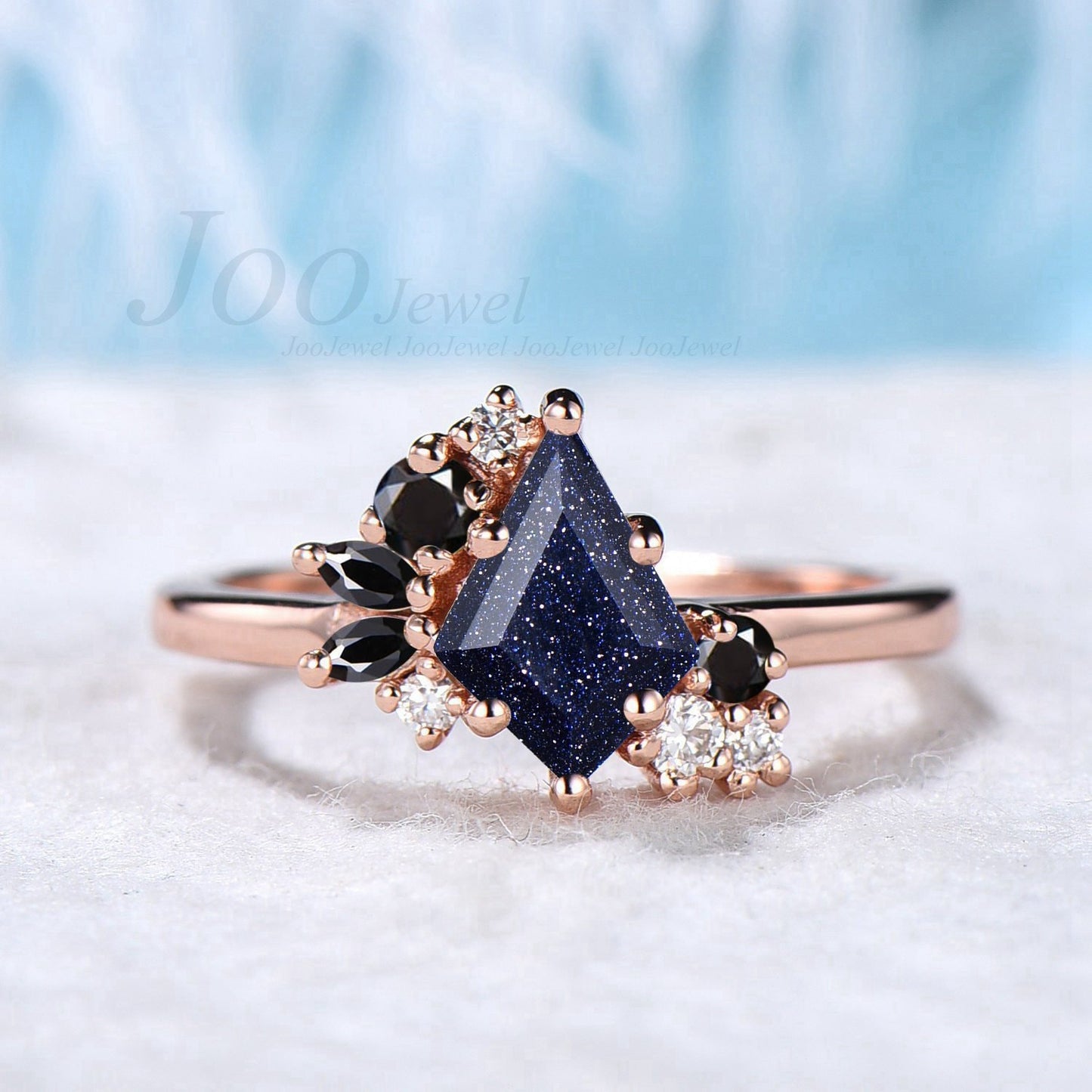 Kite Cut Blue Sandstone Ring with Black Onyx Cluster Engagement Ring 14K Rose Gold Blue Goldstone Ring Moissanites Wedding Ring Gift for Her