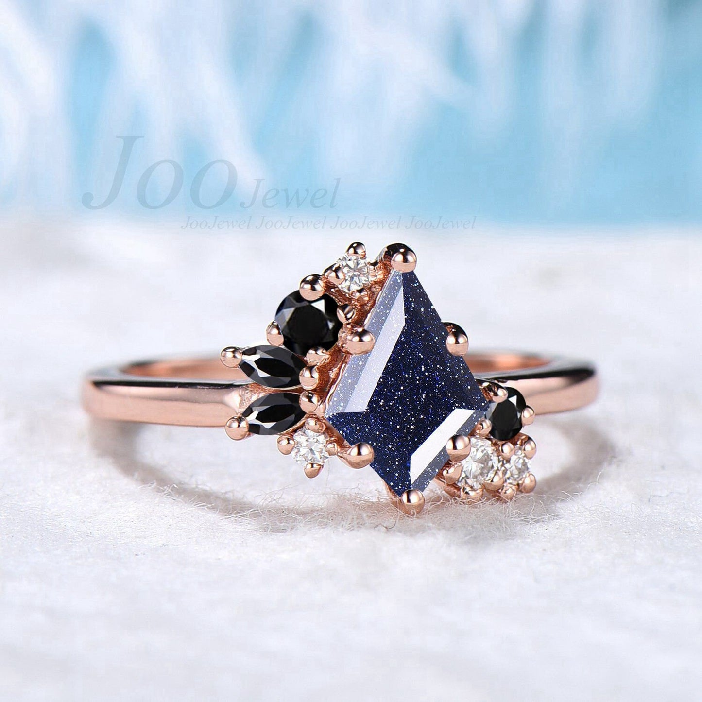 Kite Cut Blue Sandstone Ring with Black Onyx Cluster Engagement Ring 14K Rose Gold Blue Goldstone Ring Moissanites Wedding Ring Gift for Her