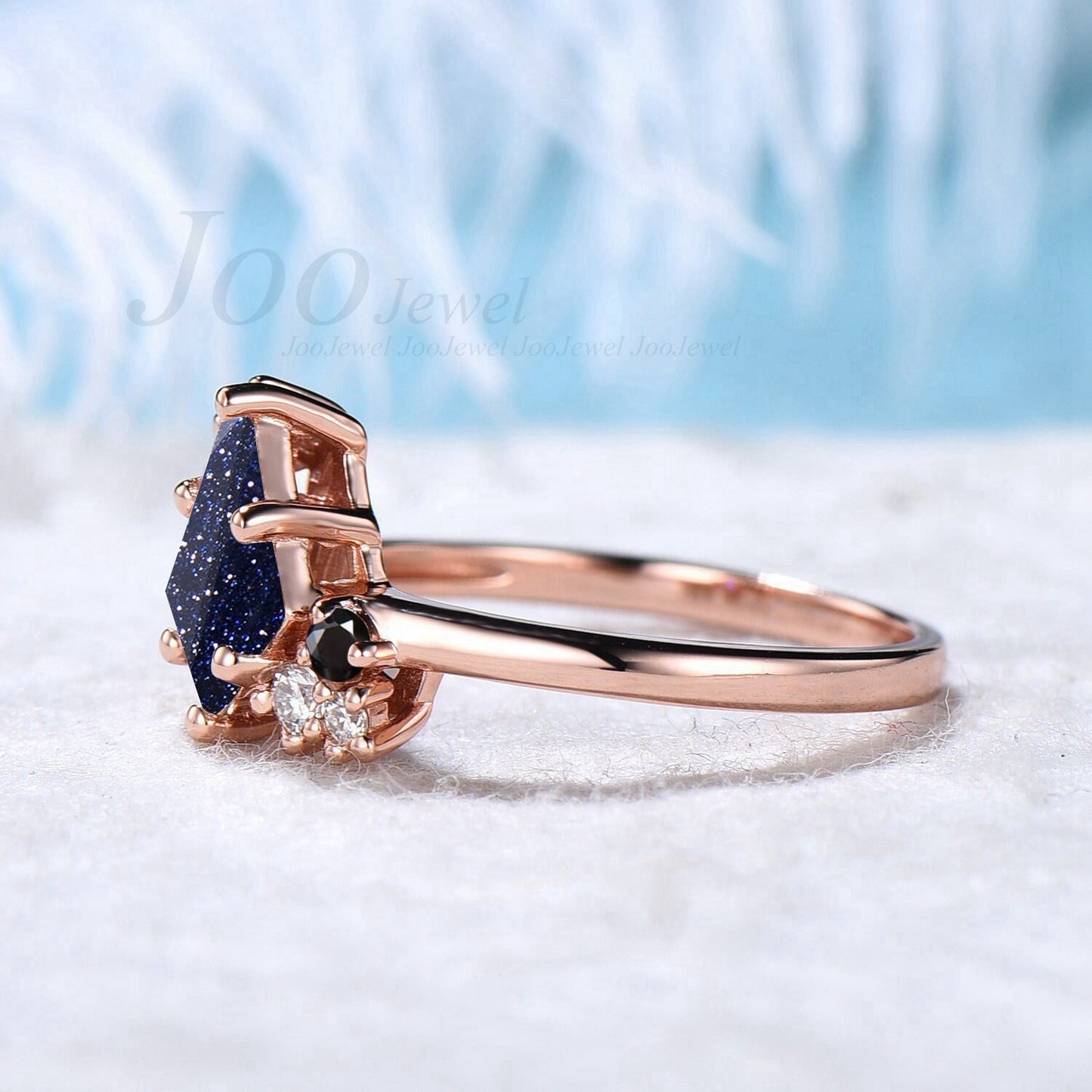 Kite Cut Blue Sandstone Ring with Black Onyx Cluster Engagement Ring 14K Rose Gold Blue Goldstone Ring Moissanites Wedding Ring Gift for Her