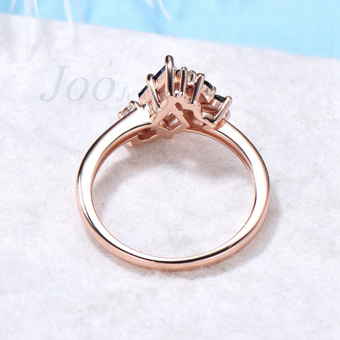 Kite Cut Blue Sandstone Ring with Black Onyx Cluster Engagement Ring 14K Rose Gold Blue Goldstone Ring Moissanites Wedding Ring Gift for Her