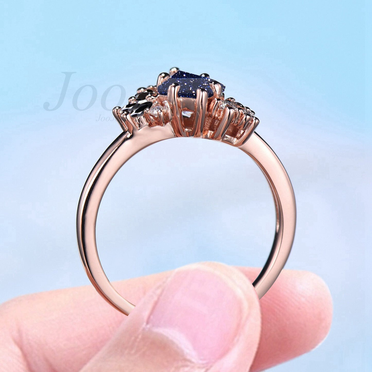 Kite Cut Blue Sandstone Ring with Black Onyx Cluster Engagement Ring 14K Rose Gold Blue Goldstone Ring Moissanites Wedding Ring Gift for Her