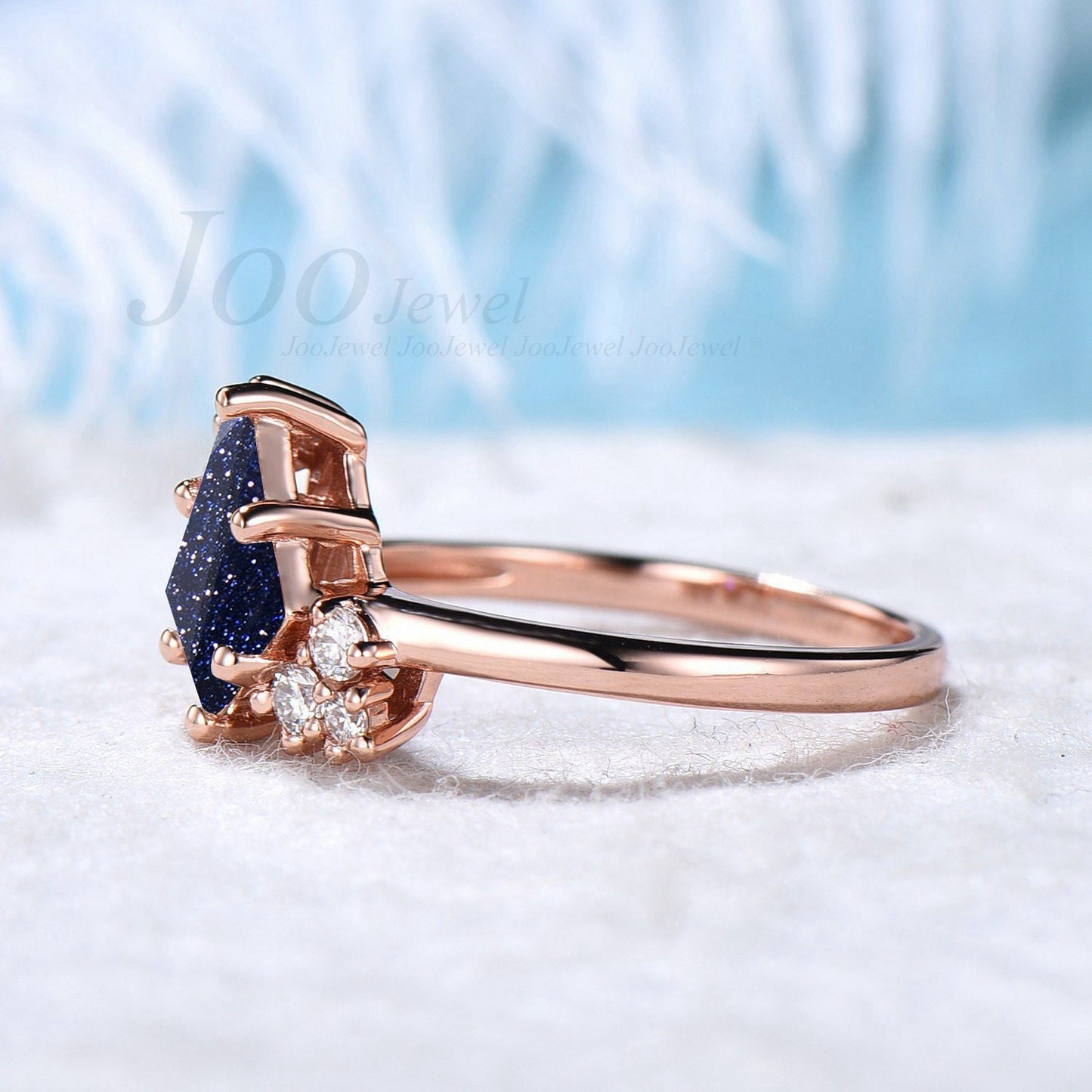 Sterling Silver/14k Rose Gold Kite Blue Sandstone Engagement Ring Blue Gemstone Ring Blue Goldstone Unique Cluster Moissanite Bridal Rings