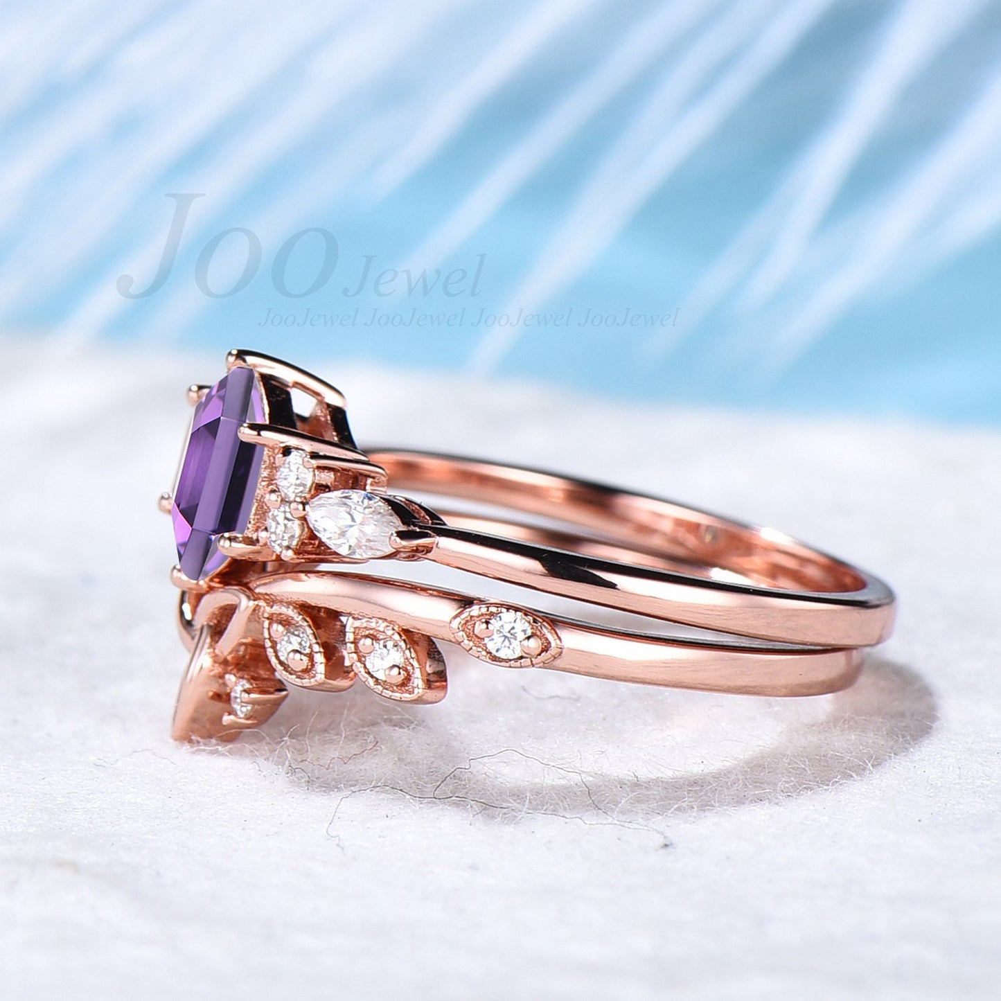 925 Sterling Silver Natural Amethyst Ring Set Hexagon Cut 1CT Purple Crystal Promise Ring Celtic Wedding Band Amethyst Bridal Ring for Women