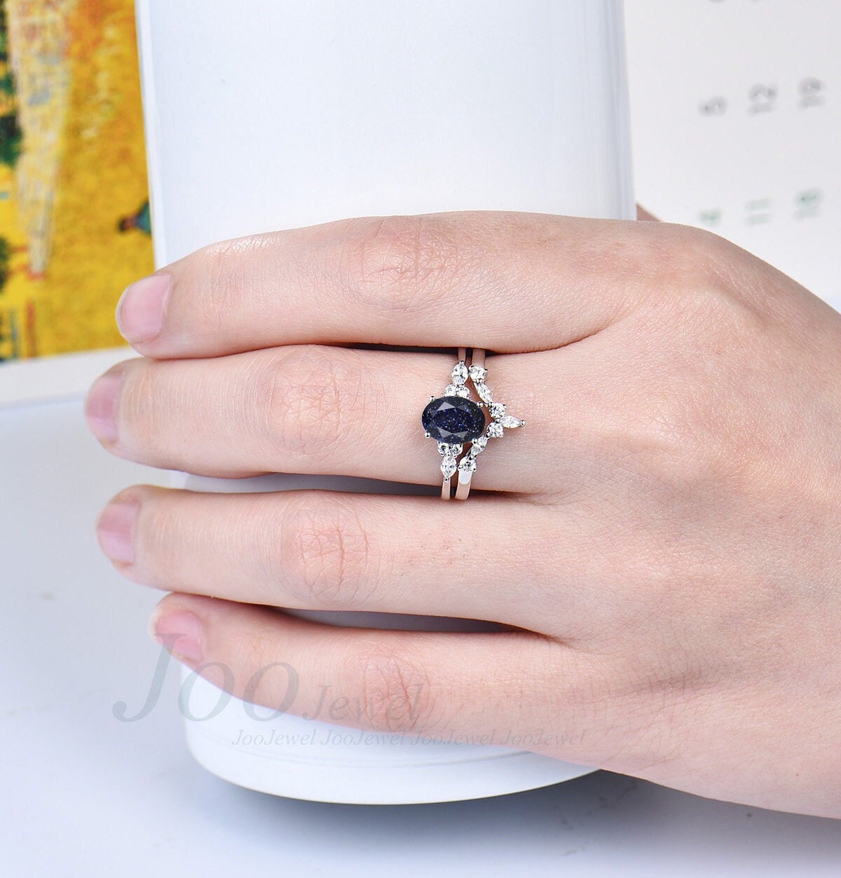 Sterling Silver 1.5ct Oval Blue Goldstone Ring Set Galaxy Ring Oval Gemstone Jewelry Blue Crystal Engagement Ring Personalized Gift for Her