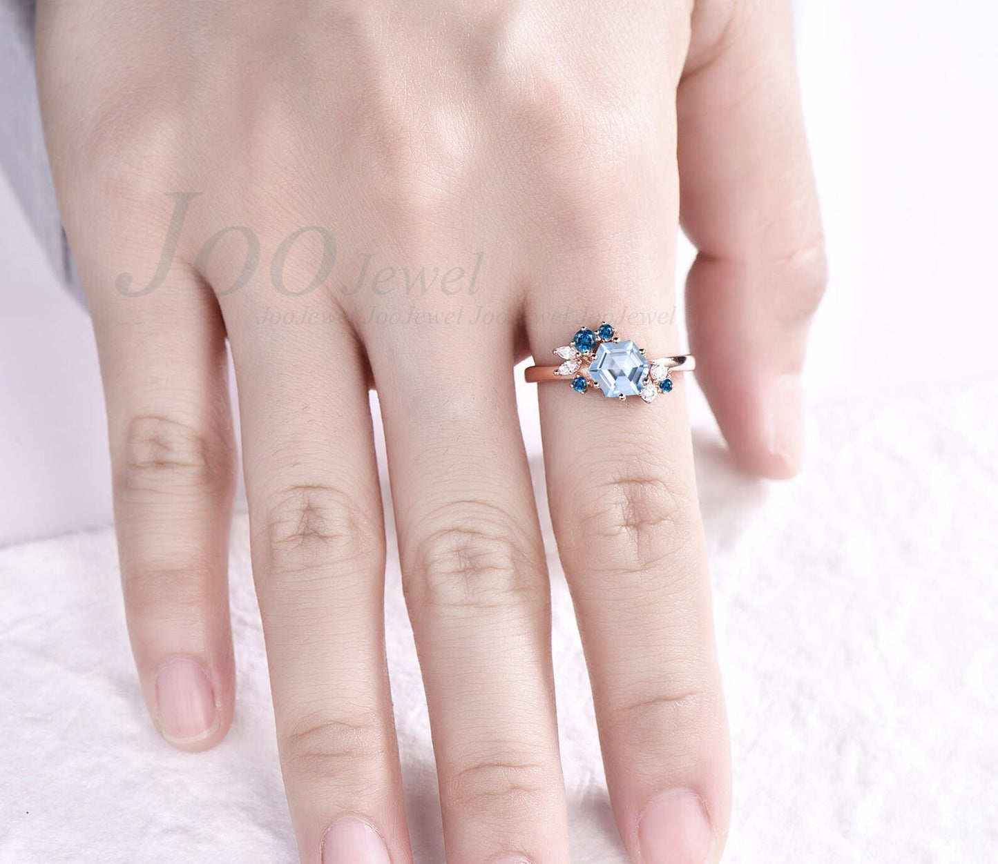 14k Solid Gold Hexagon Cut Aquamarine Ring For Women Hexagon Cluster Natural Blue Gemstone Ring With London Blue Topaz March Birthstone Ring