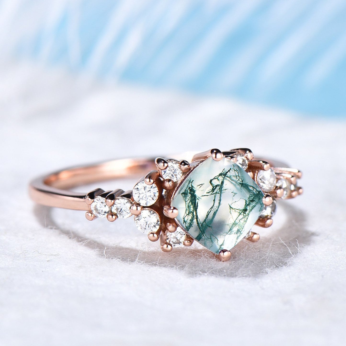 Cushion Cut Natural Green Clear Moss Agate Ring 14K Gold Square Moss Agate Cluster Snowdrift Engagement Ring For Women Crystal Jewelry Gift
