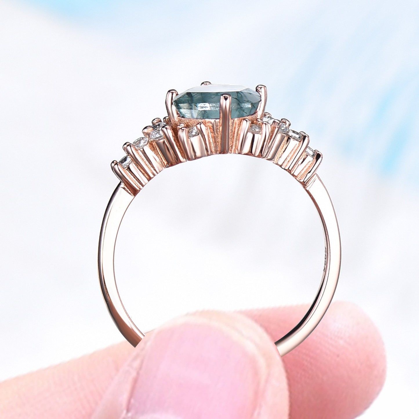 Cushion Cut Natural Green Clear Moss Agate Ring 14K Gold Square Moss Agate Cluster Snowdrift Engagement Ring For Women Crystal Jewelry Gift