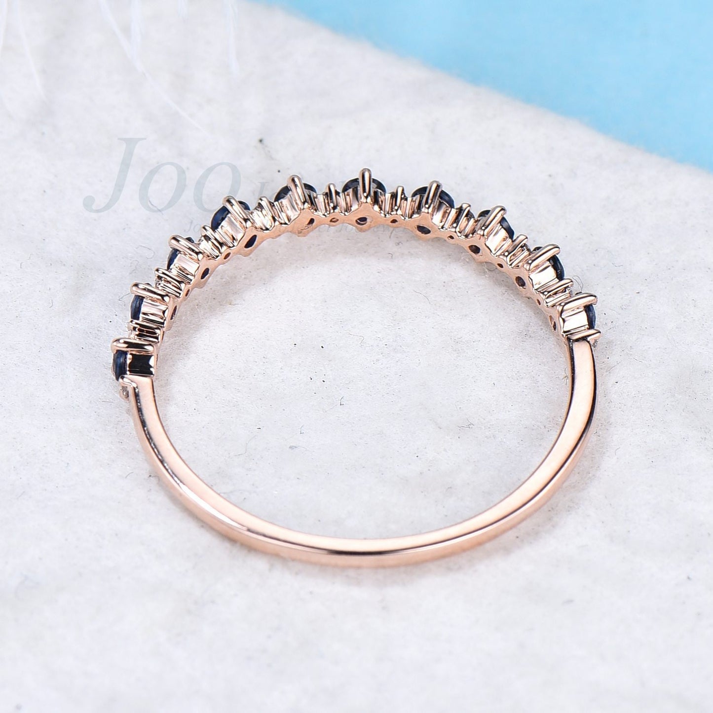 Round Natural Blue Sapphire Wedding Band Rings Real Sapphire Diamond Half Eternity Ring Women Stacking Minimalist Jewelry Blue Gemstone Ring