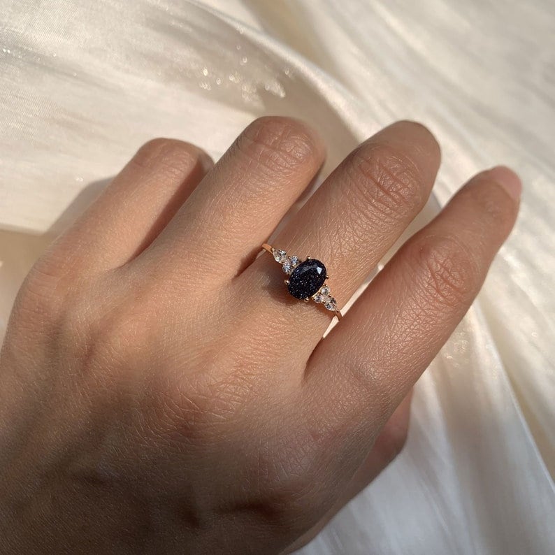 Sterling Silver 1.5ct Galaxy Blue Sandstone Ring Oval Gemstone Jewelry Vintage Cluster Engagement Ring Personalized Gift for Her Women