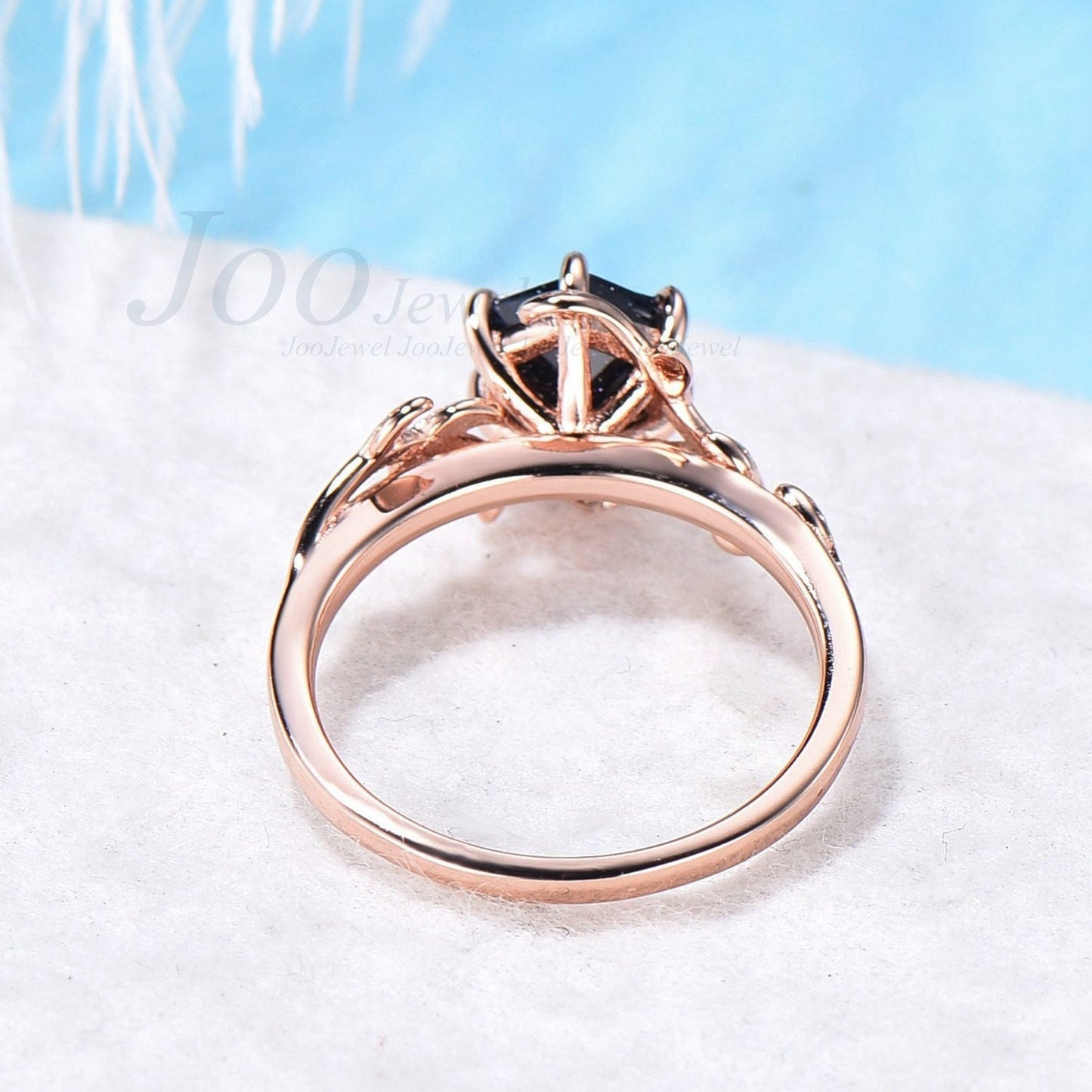 Galaxy Blue Sandstone Ring Sterling Silver Hexagon Engagement Ring Leaf Solitaire Promise Ring Blue Goldstone Jewelry Birthday Gift Women