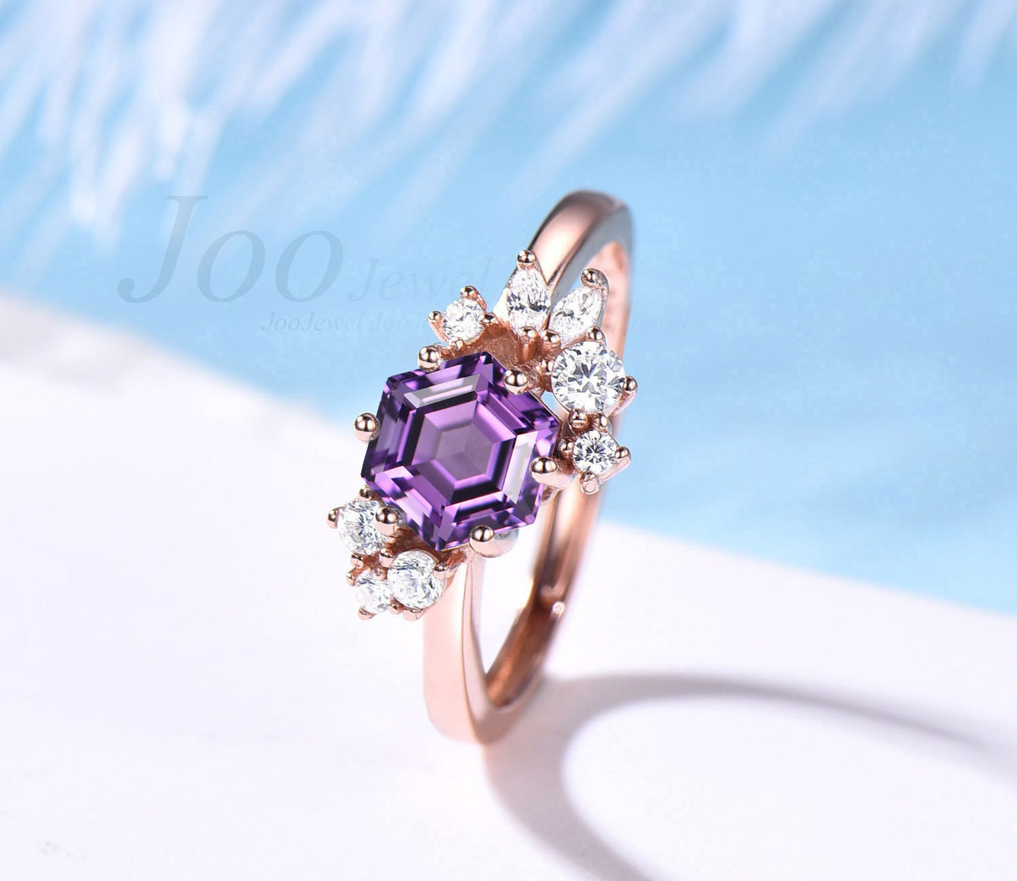 Natural Purple Crystal Amethyst Engagement Ring Women Sterling Silver Hexagon Cluster Ring February Birthstone Promise Ring Birthday Gift