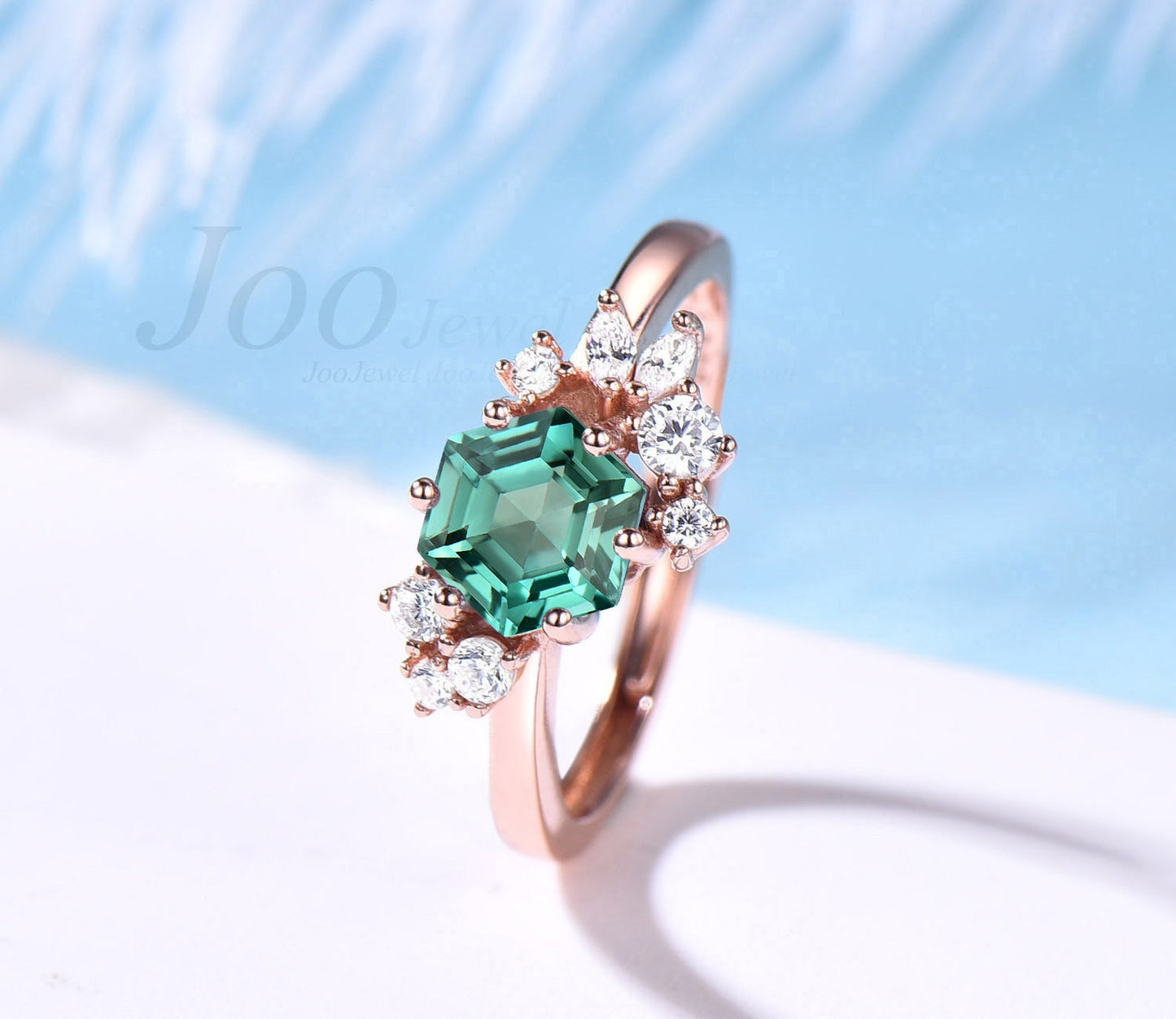 925 Sterling Silver Vintage Blue-Green Sapphire Engagement Ring Hexagon Cut Anniversary Rings Cluster Promise Ring Teal Sapphire Bridal Ring