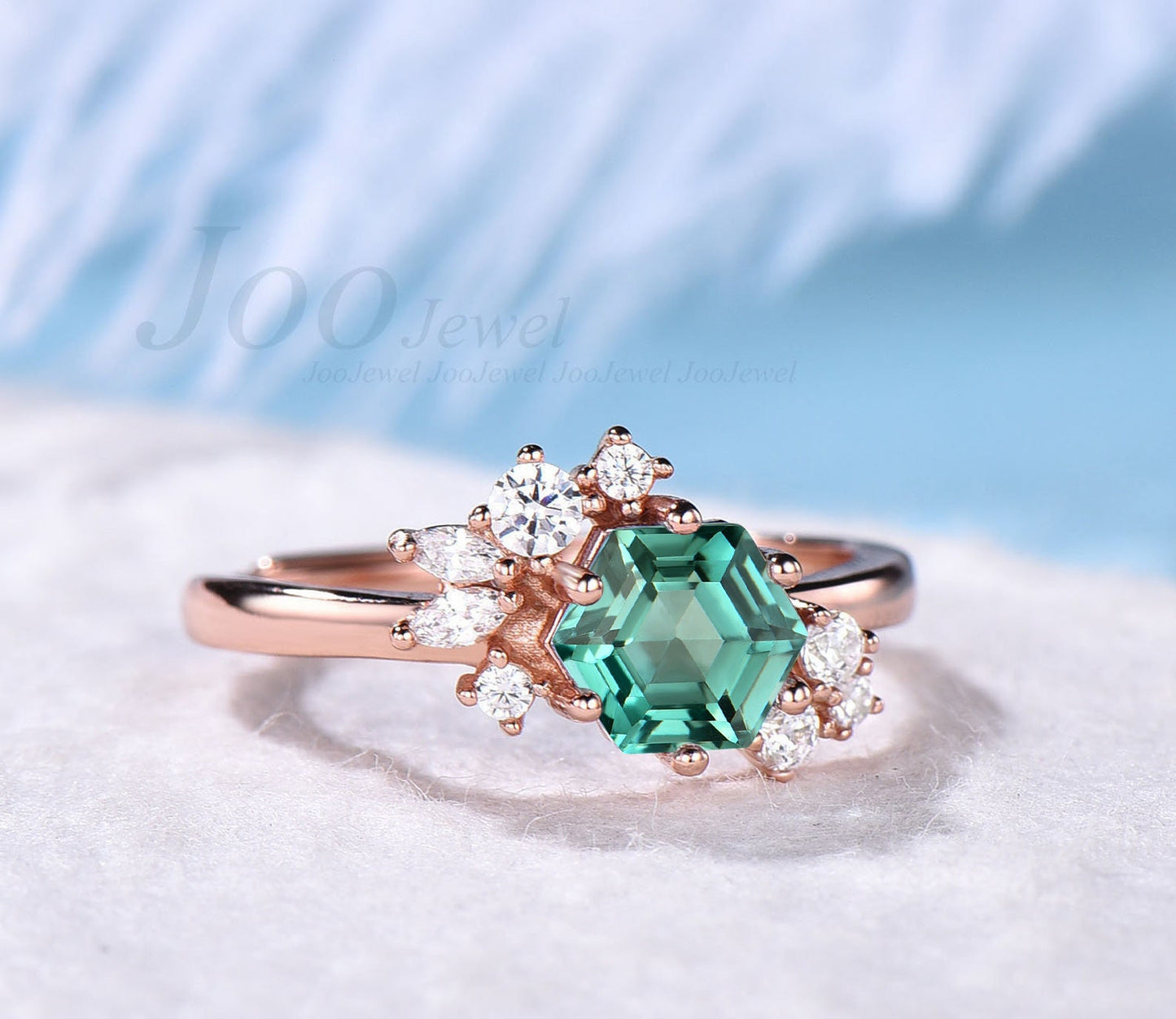 925 Sterling Silver Vintage Blue-Green Sapphire Engagement Ring Hexagon Cut Anniversary Rings Cluster Promise Ring Teal Sapphire Bridal Ring