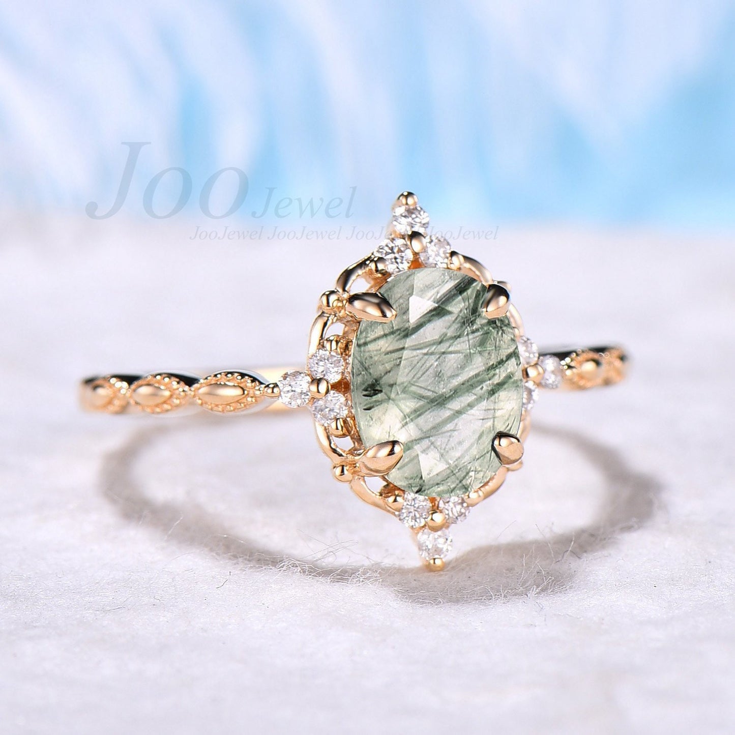 Natural Green Rutile Quartz Ring Unique Oval Solitaire Ring Green Crystal Ring ¡°PROTECT YOU FOREVER¡± Engagements Ring Anniversary Gift Women